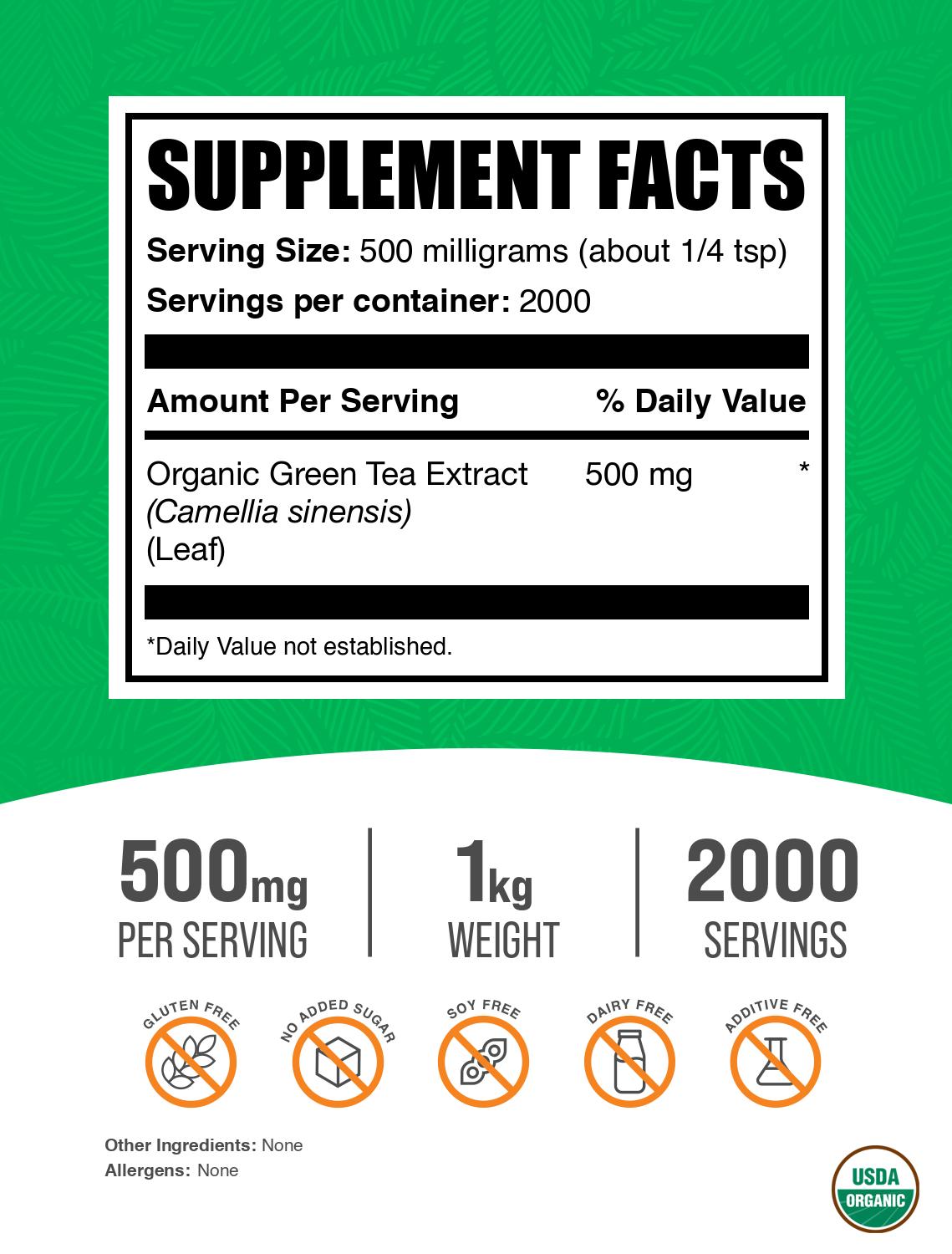 Organic green tea extract powder label 1kg