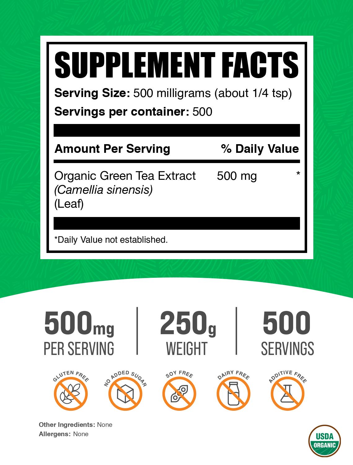 Organic green tea extract powder label 250g