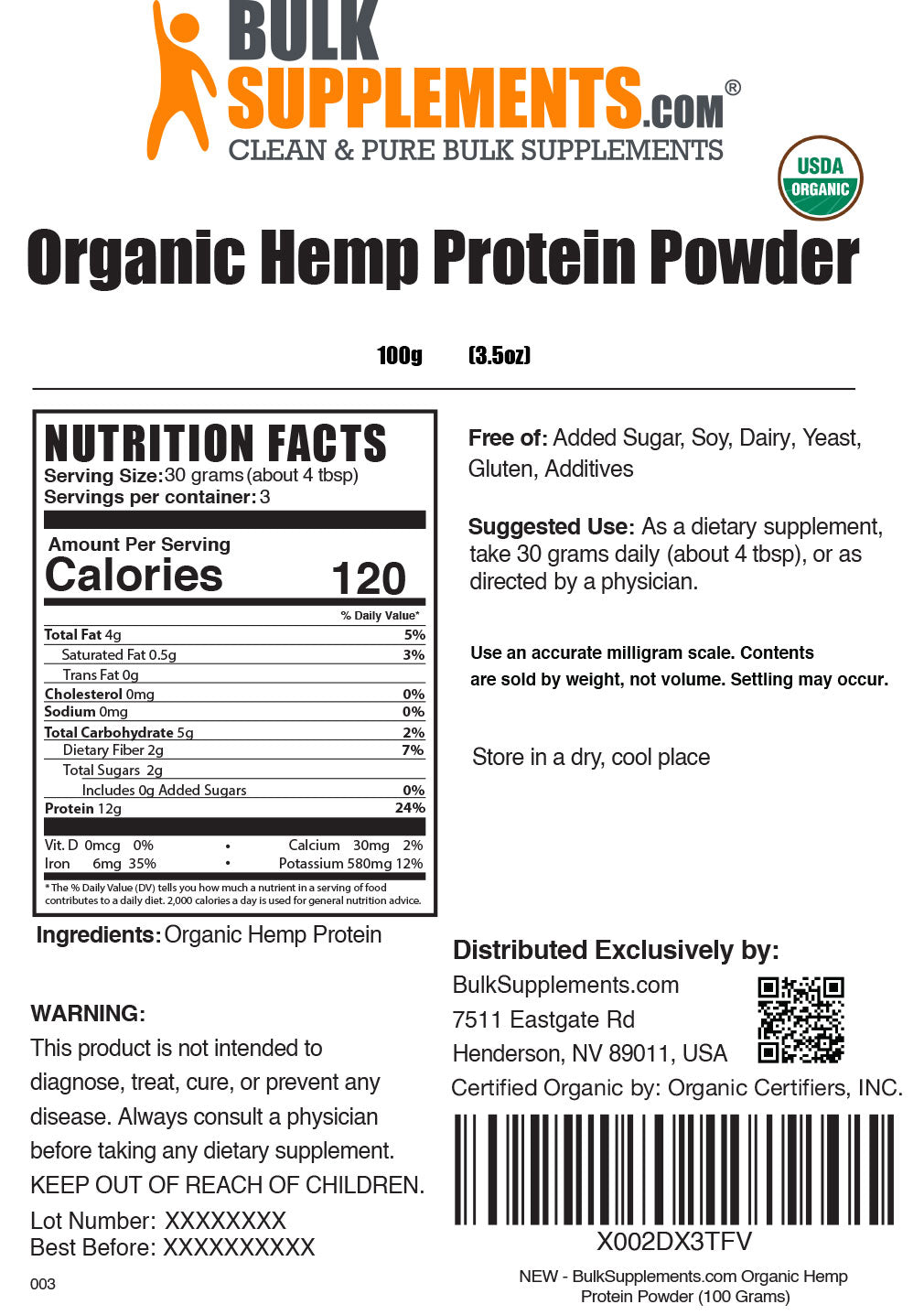 Organic hemp seed protein powder label 100g