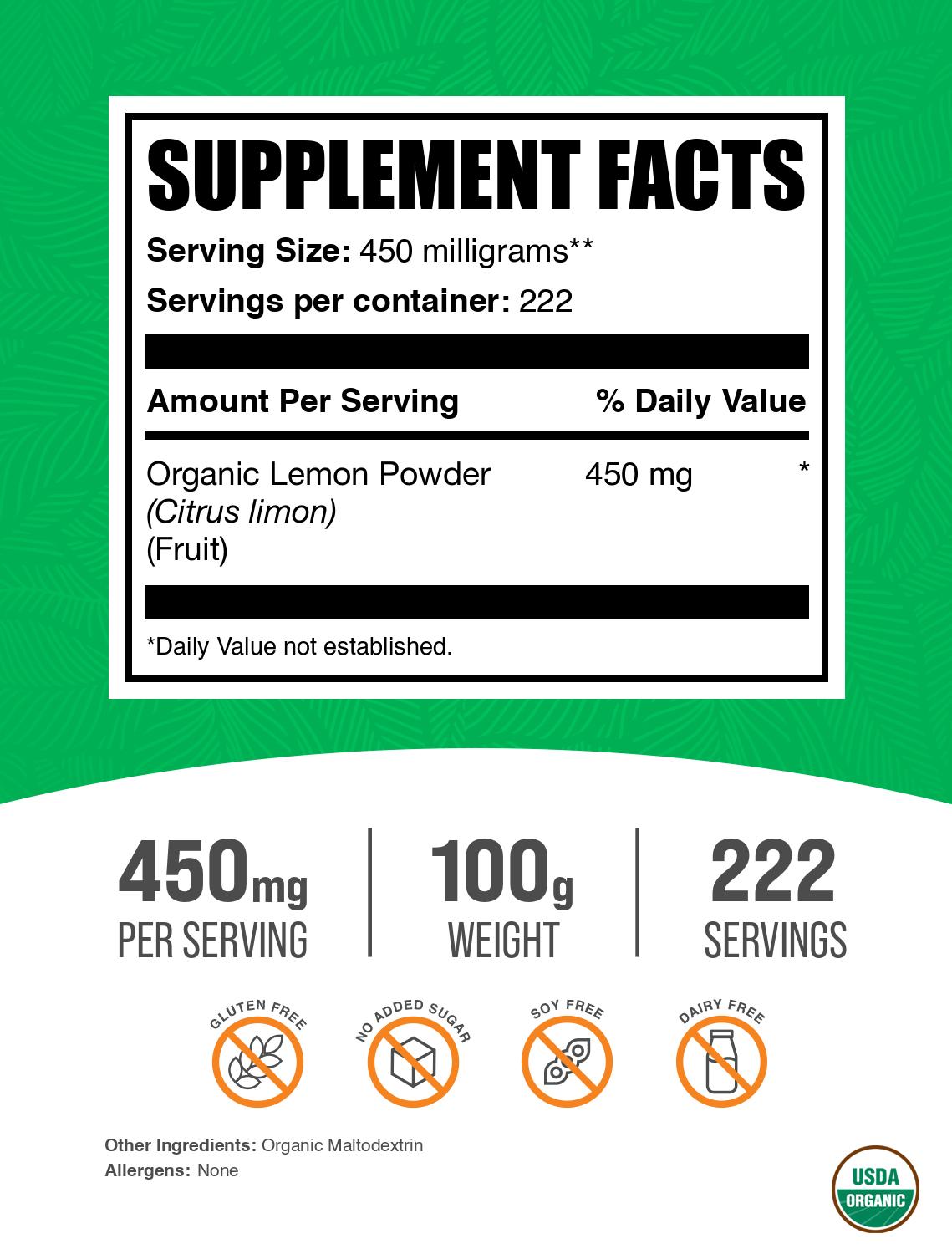 Organic lemon powder label 100g