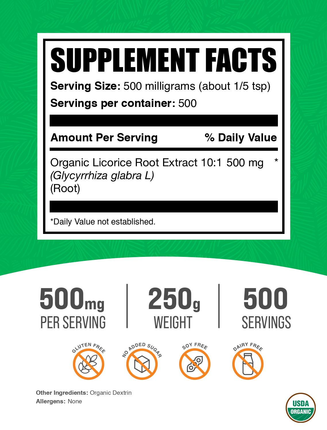 Organic licorice root extract powder label 250g