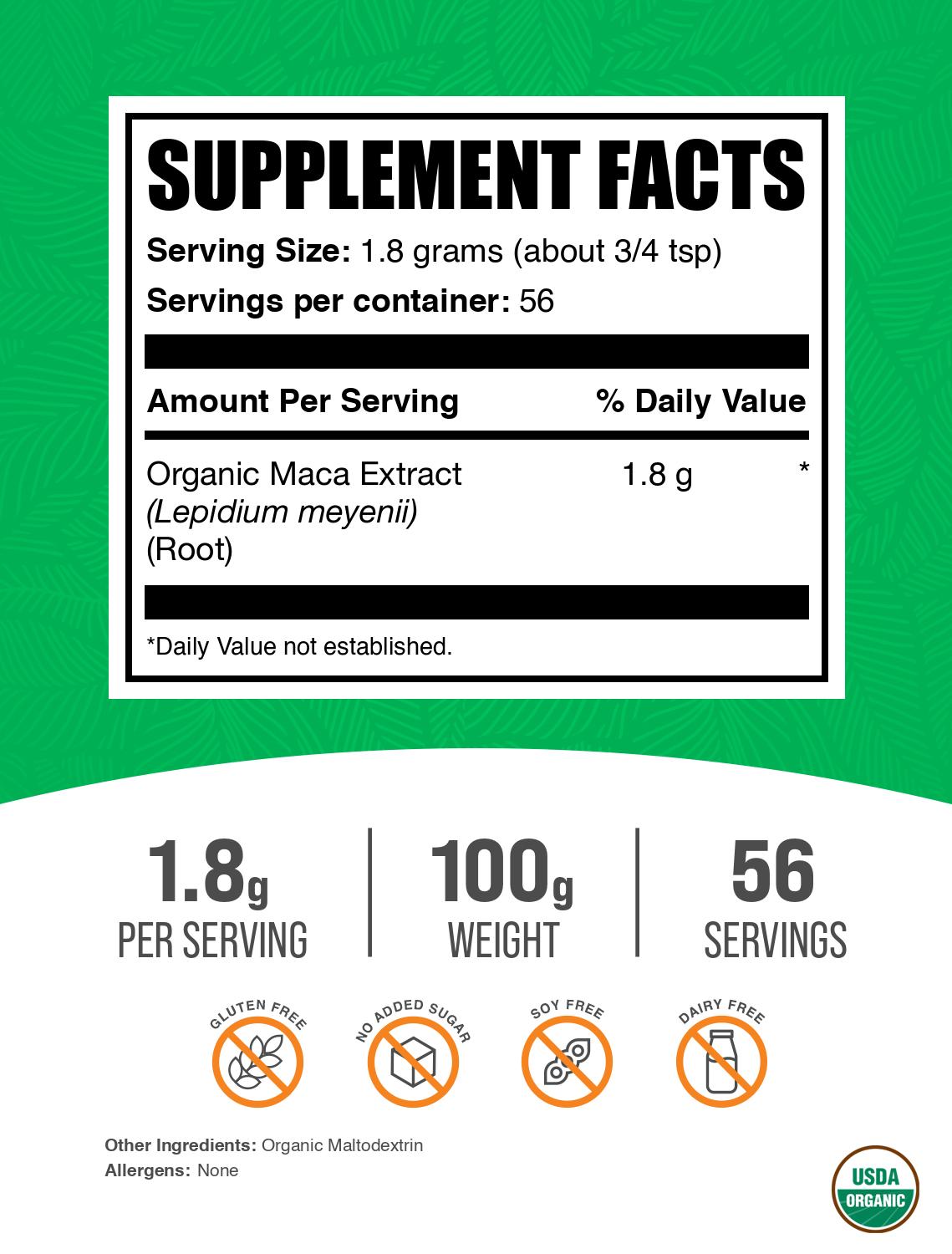 Organic maca root extract powder label 100g