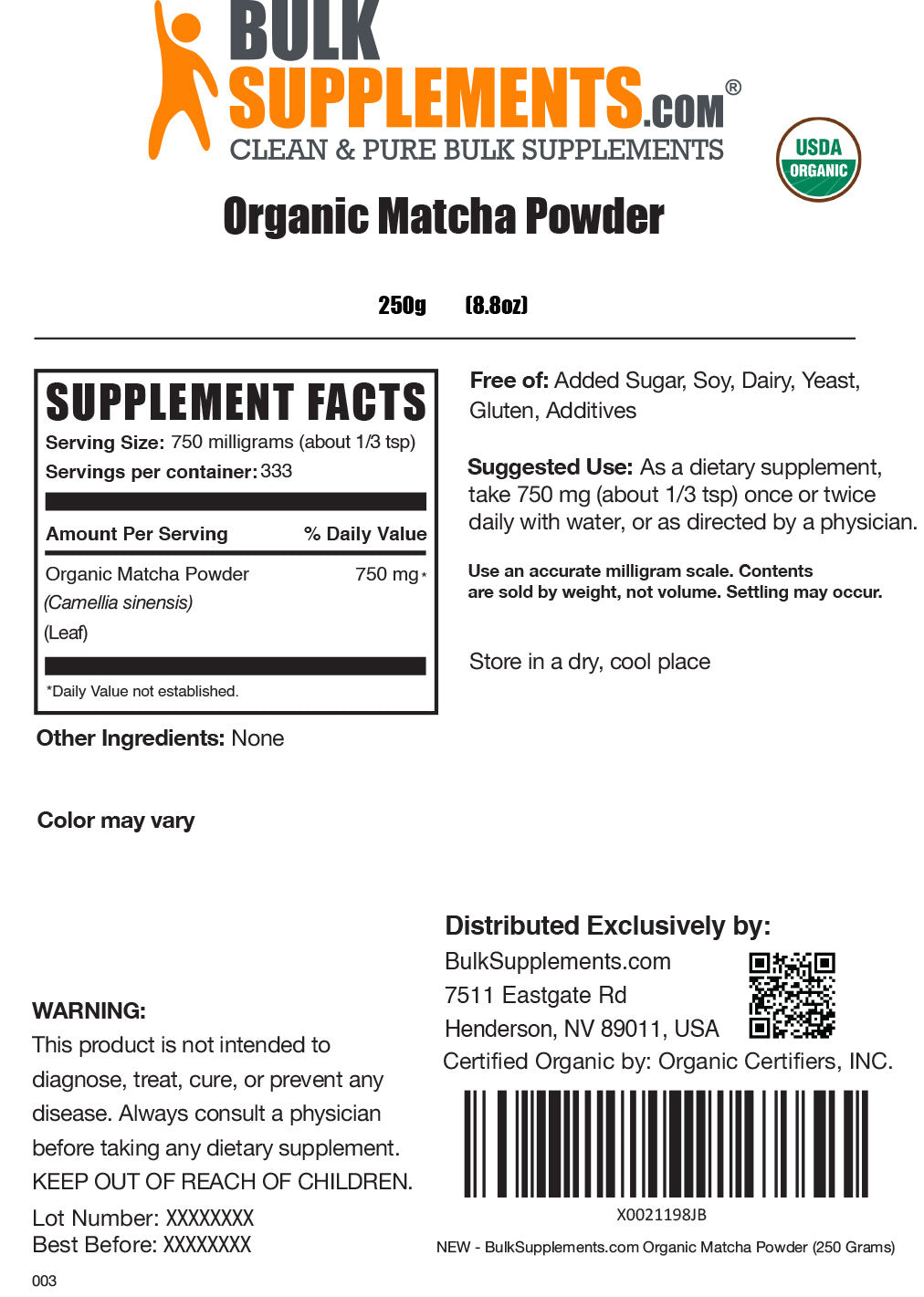 Organic Matcha powder label 250g