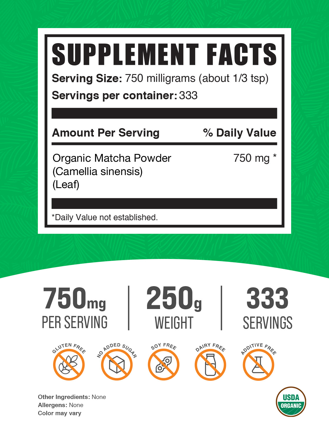 Organic Matcha powder label 250g