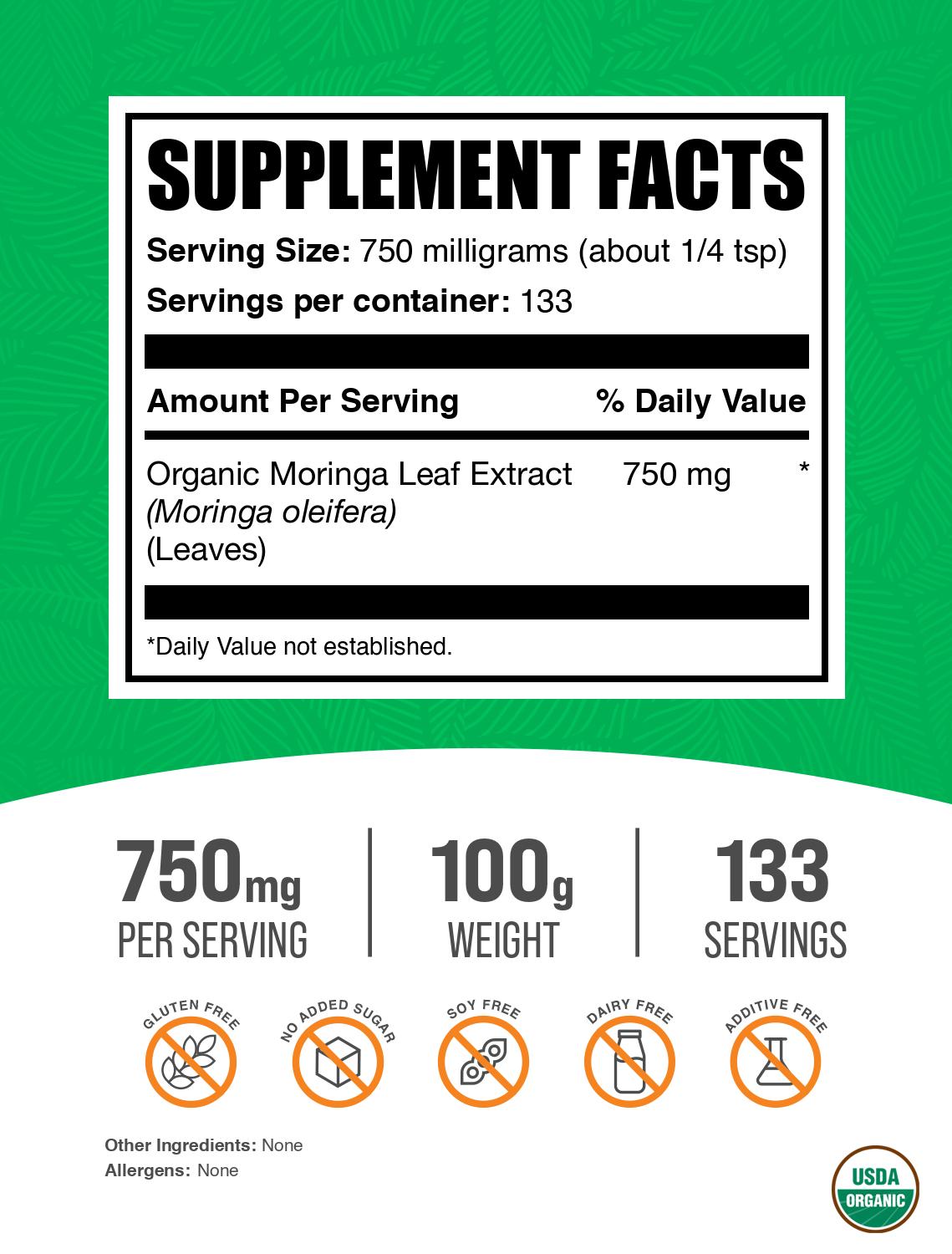 Organic moringa extract powder label 100g