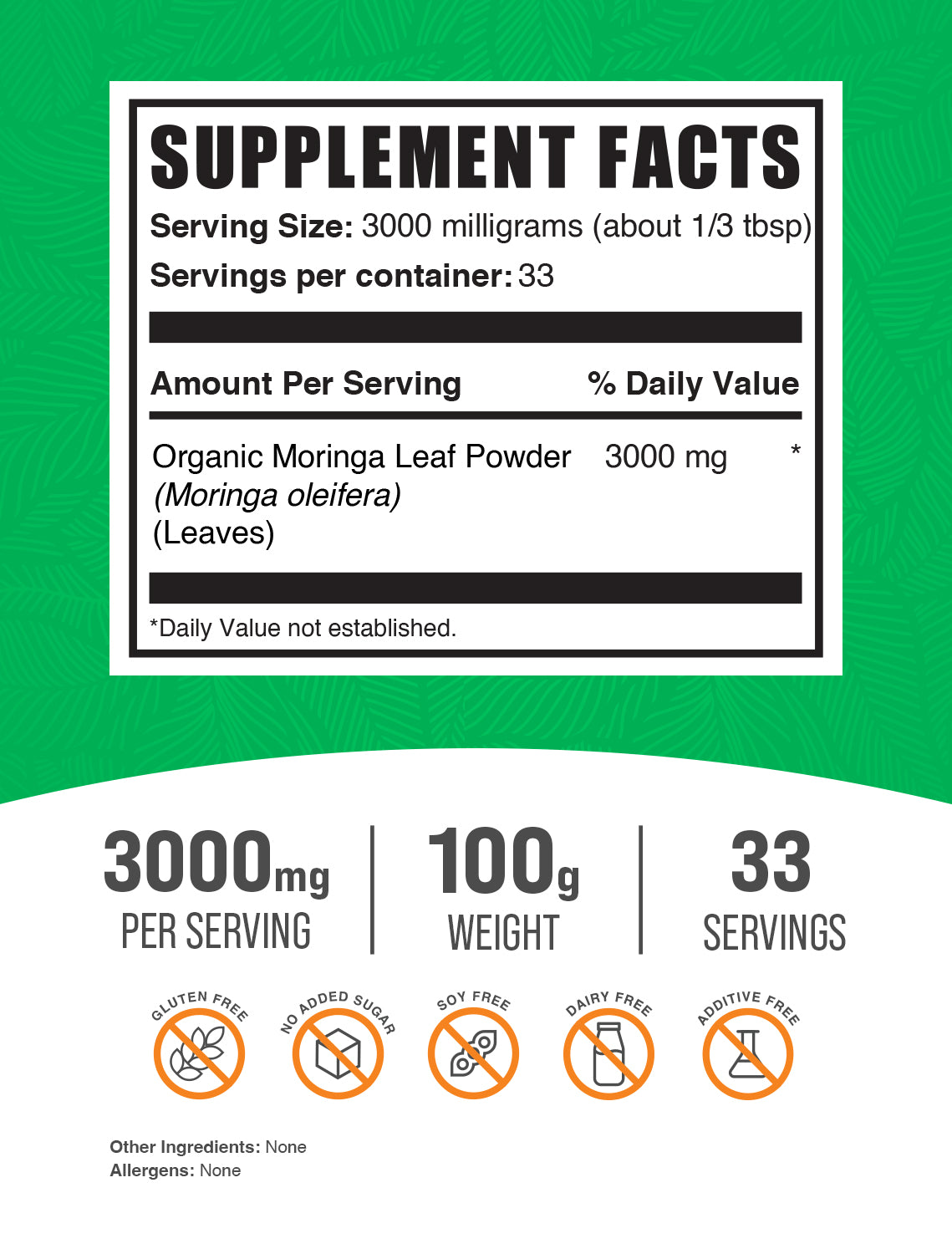 Organic Moringa Leaf powder label 100g