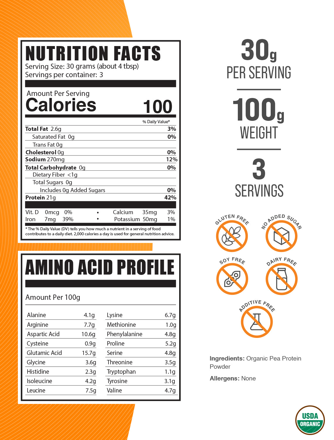 Organic pea protein powder label 100g