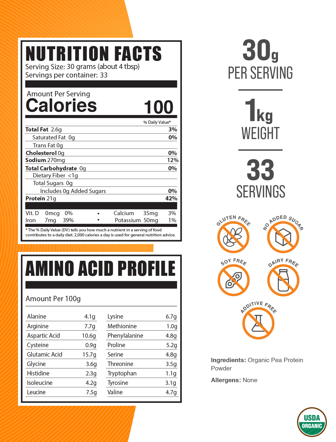 Organic pea protein powder label 1kg