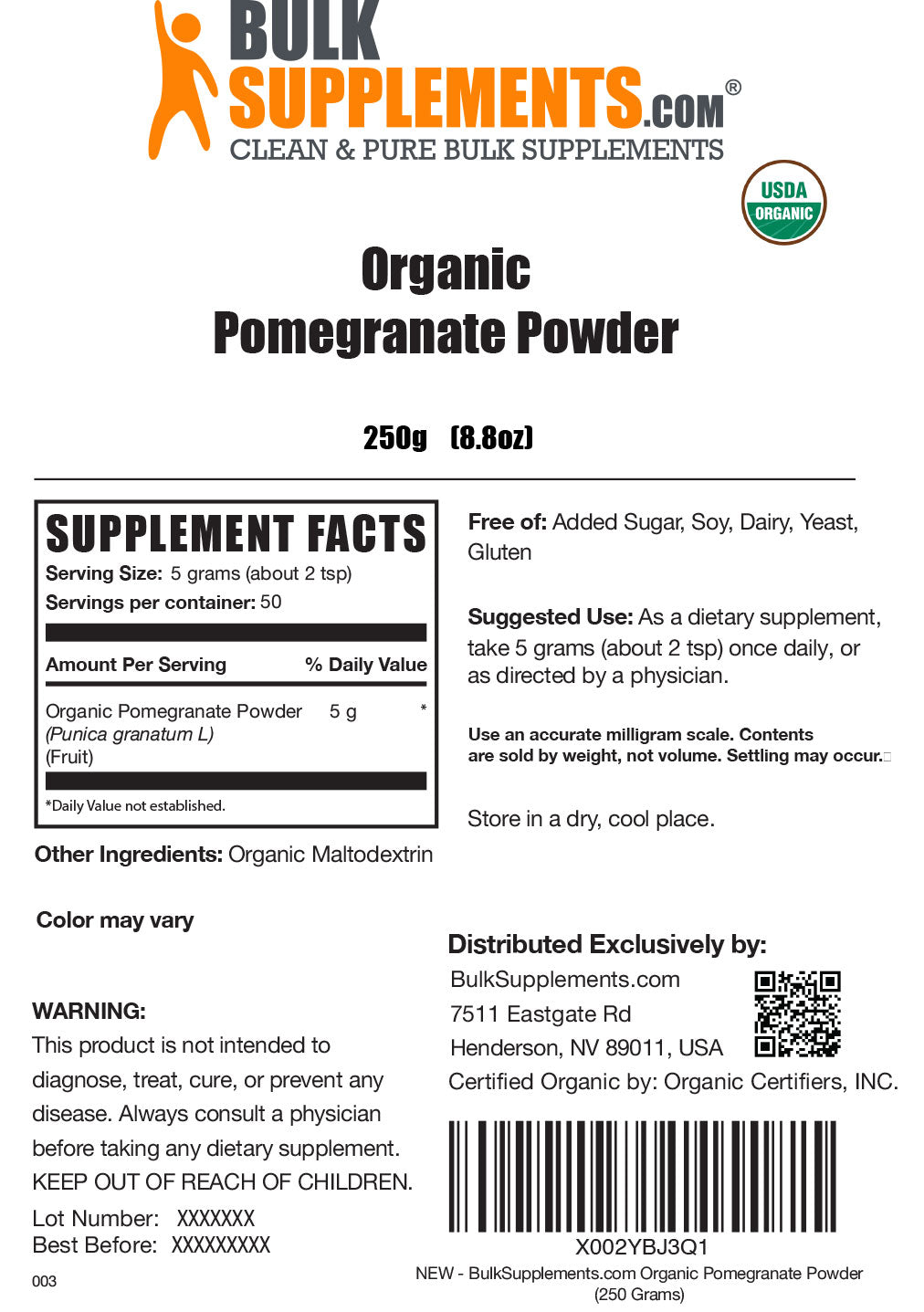 Organic Pomegranate Powder label 250g