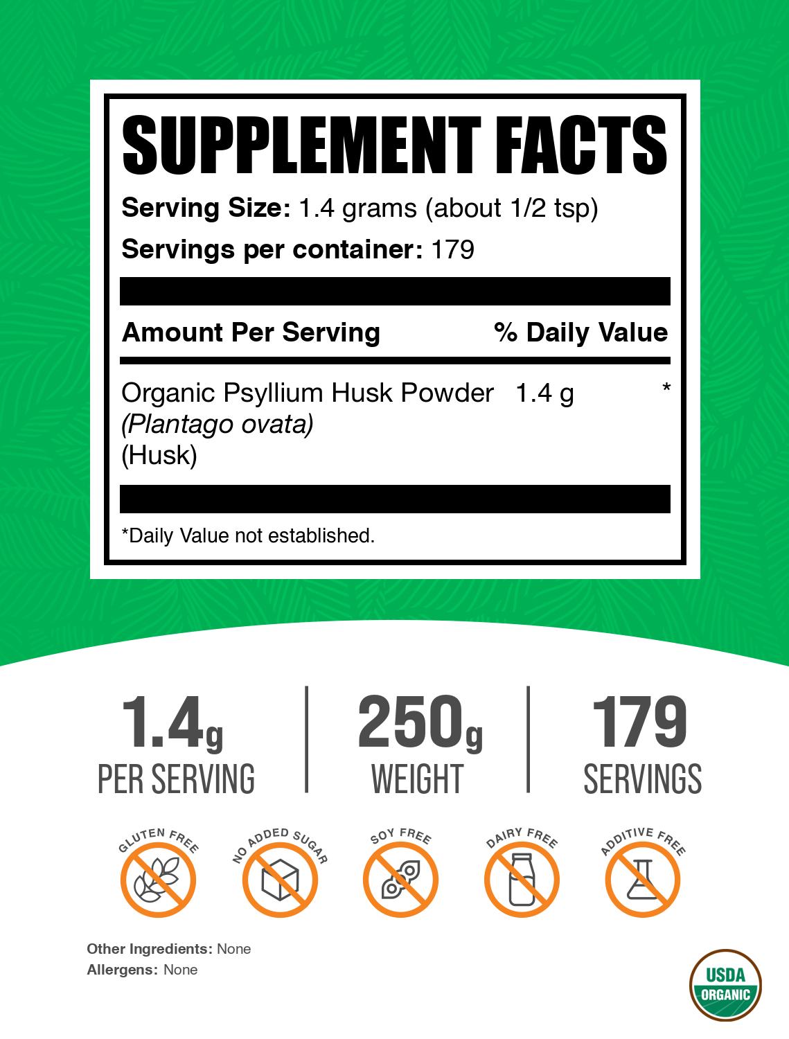 Organic psyllium husk powder label 250g