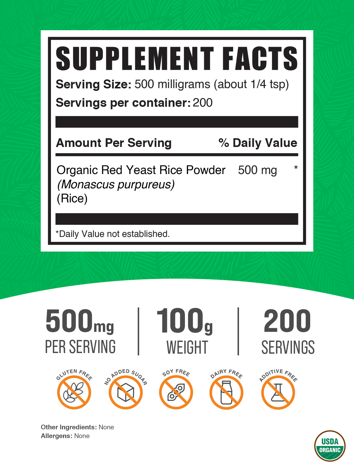 Organic red yeast rice powder label 100g