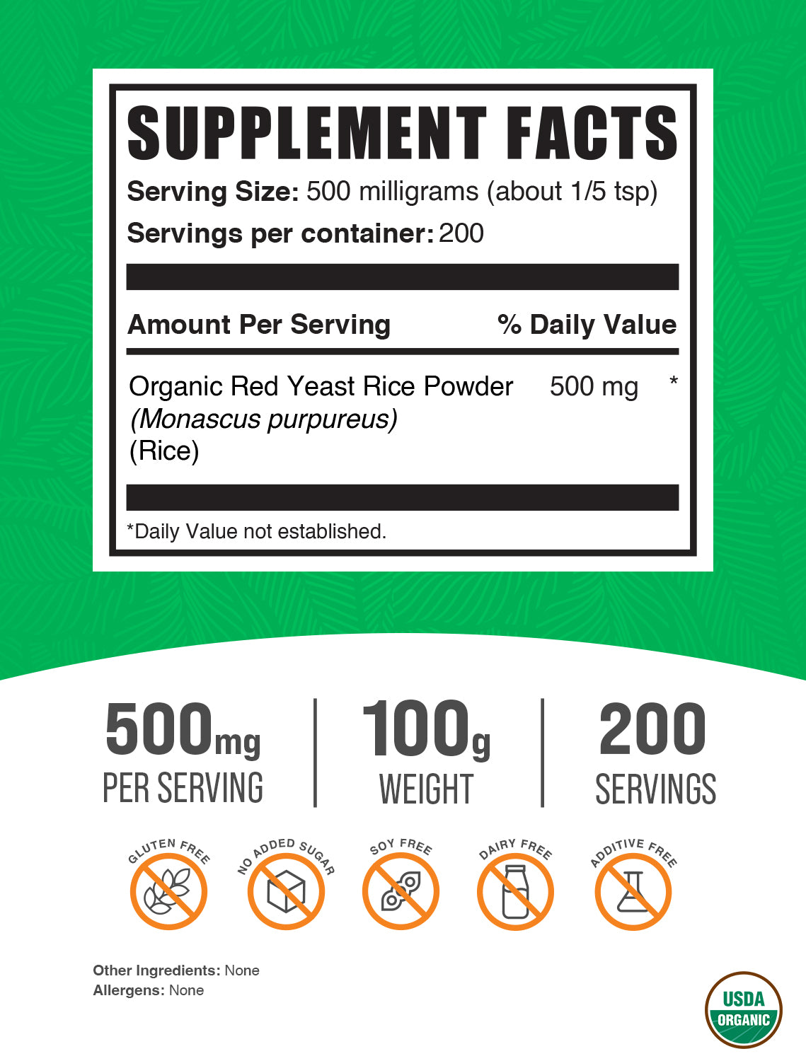 Organic red yeast rice powder label 100g
