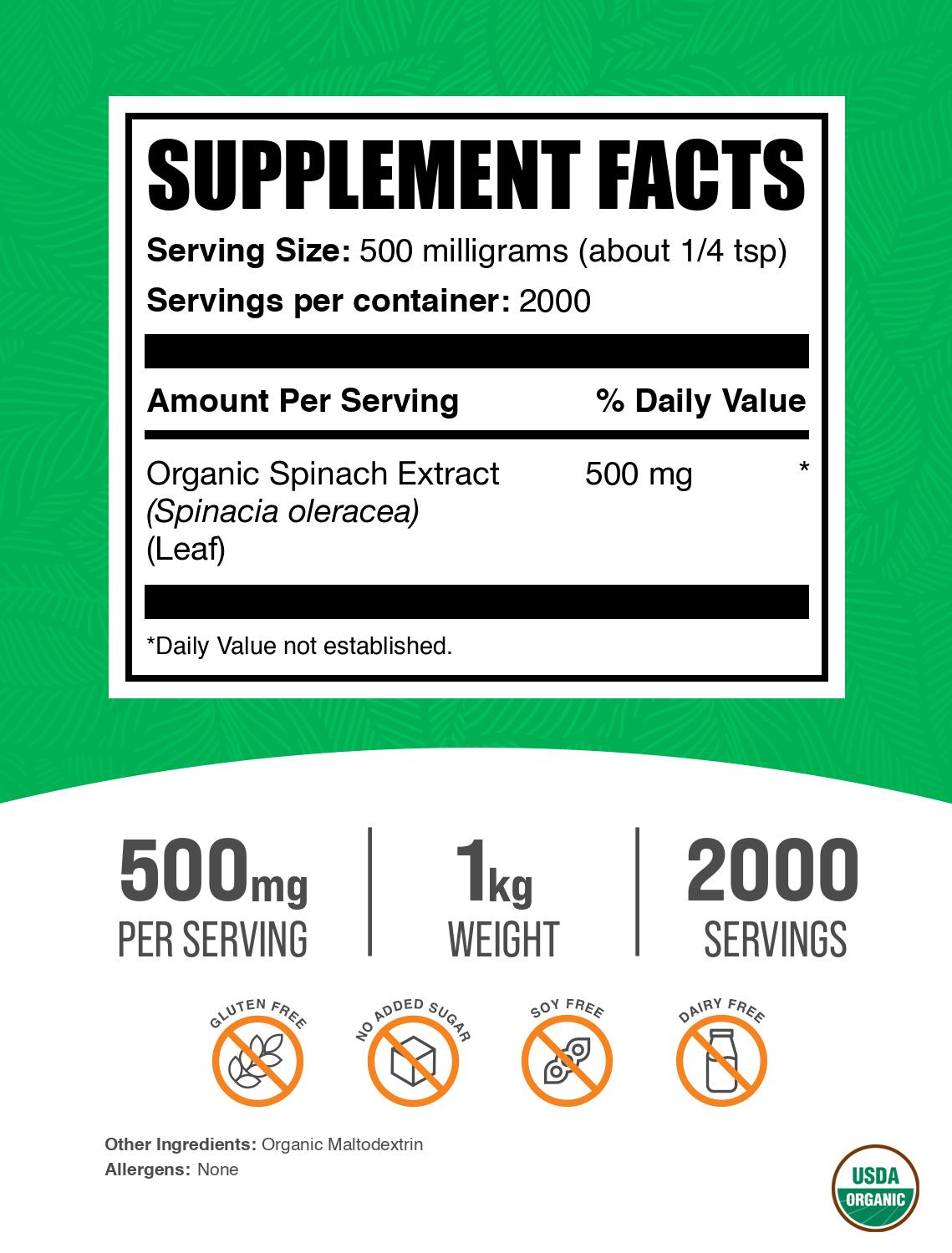 Organic spinach extract powder label 1kg