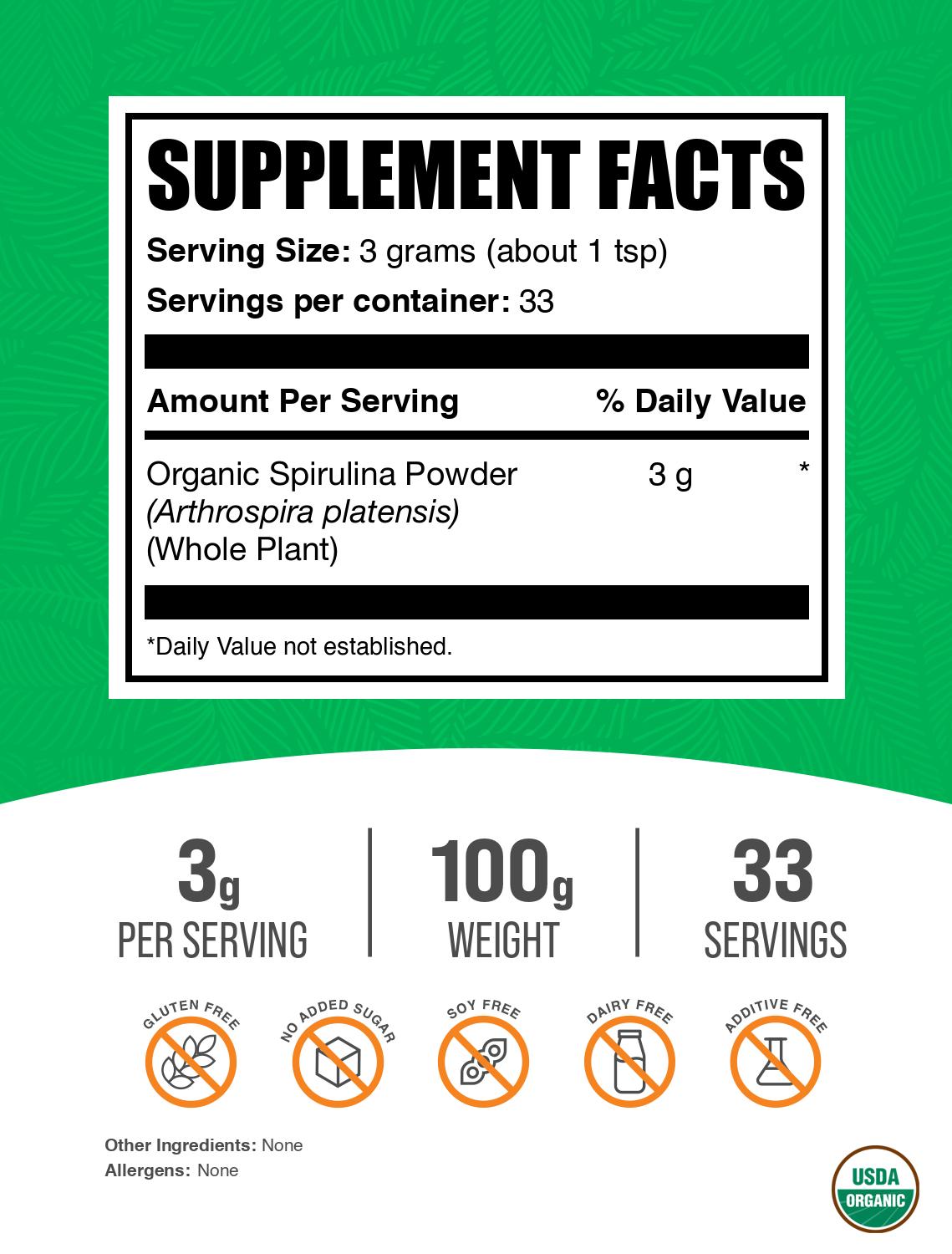 Organic Spirulina powder label 100g