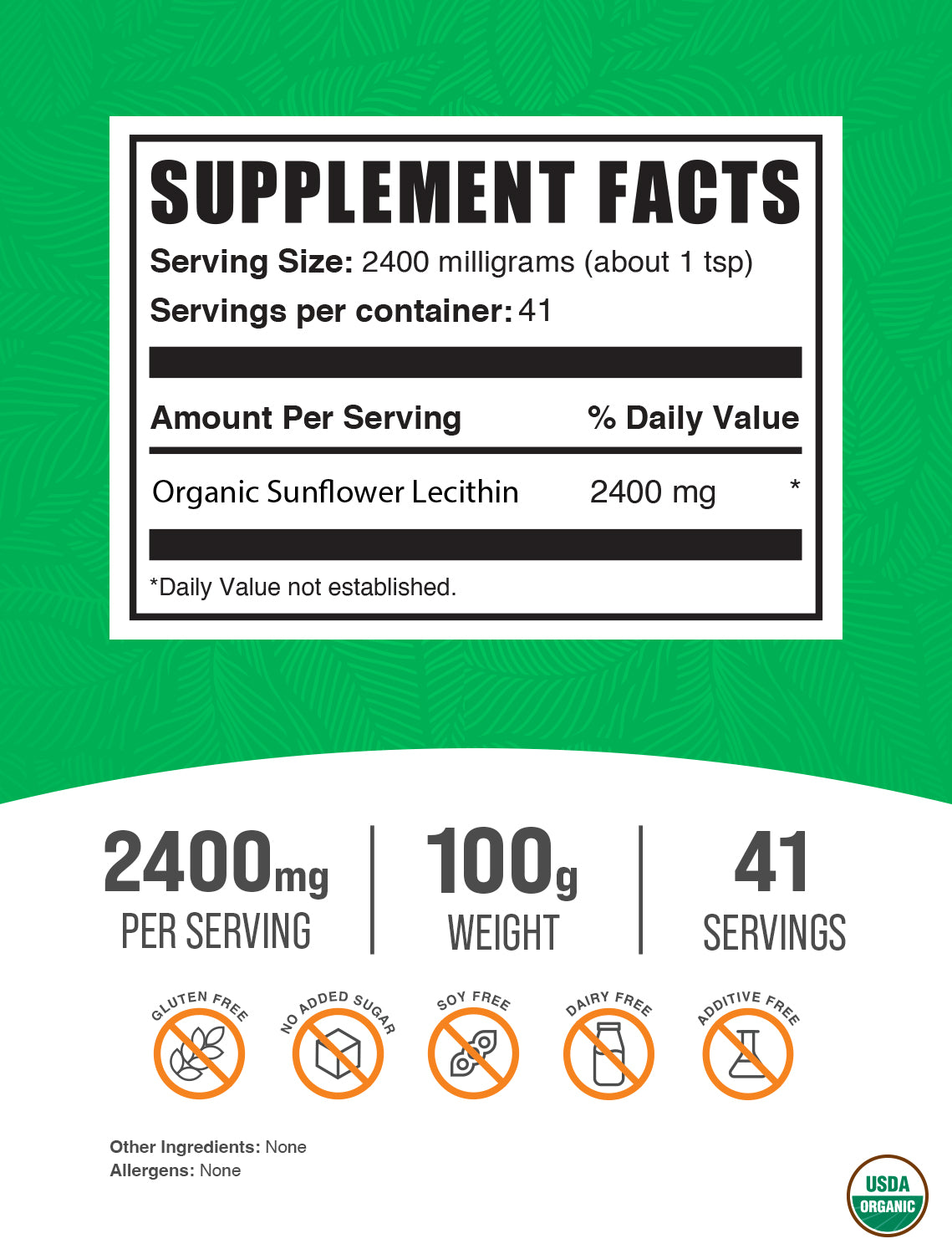 Organic sunflower lecithin powder label 100g