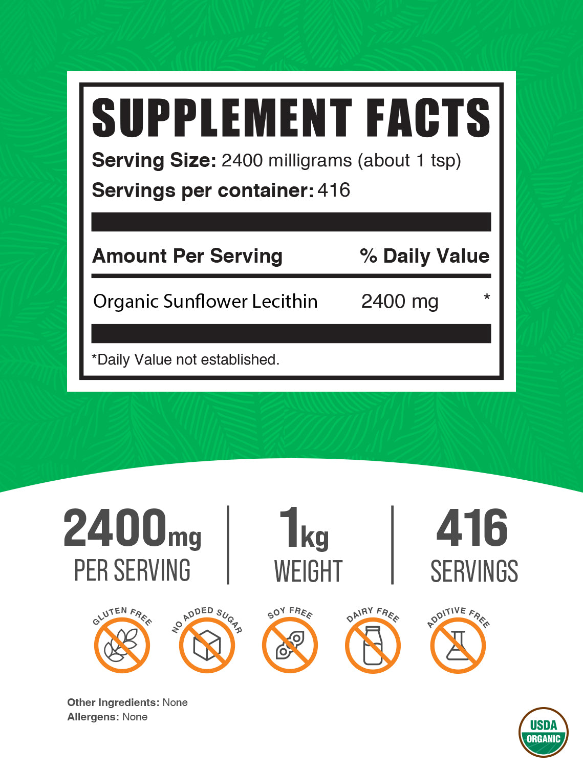 Organic sunflower lecithin powder label 1kg