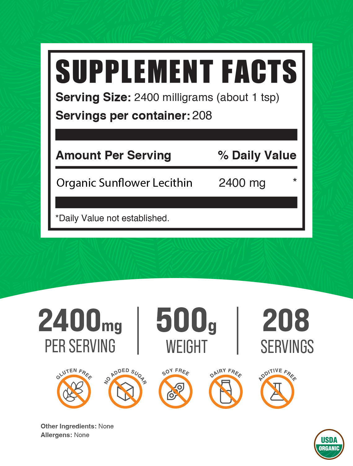 Organic sunflower lecithin powder label 500g