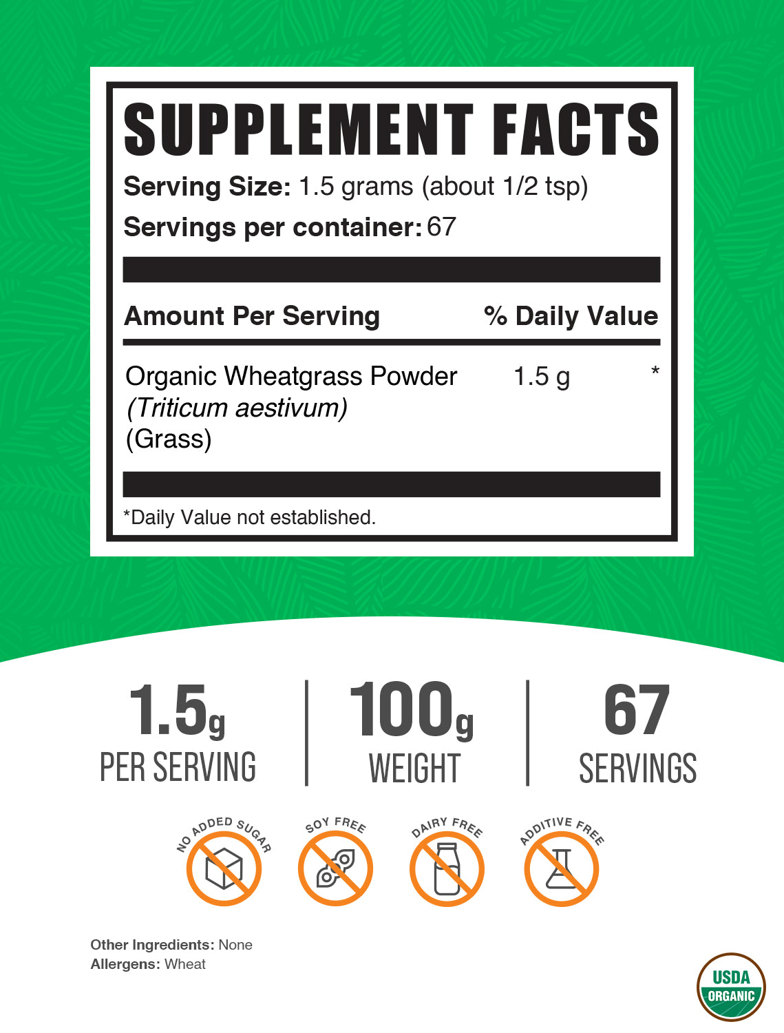 Organic wheatgrass powder label 100g