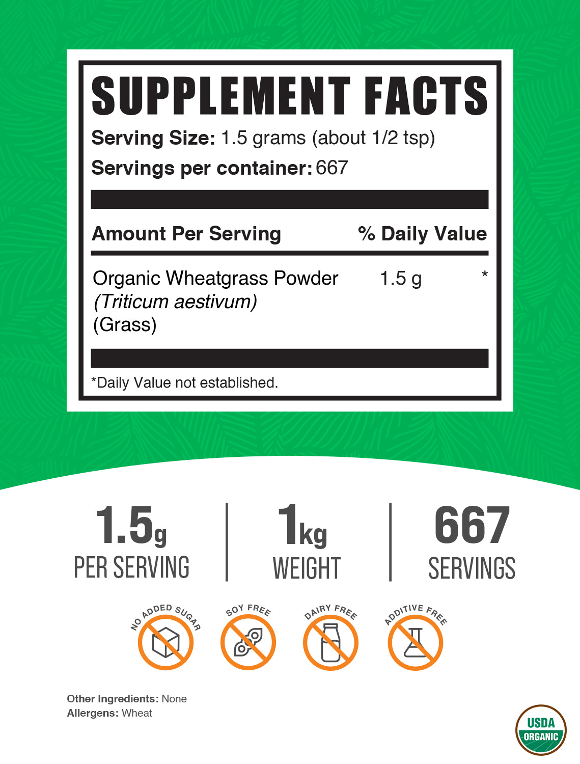 Organic wheatgrass powder label 1kg