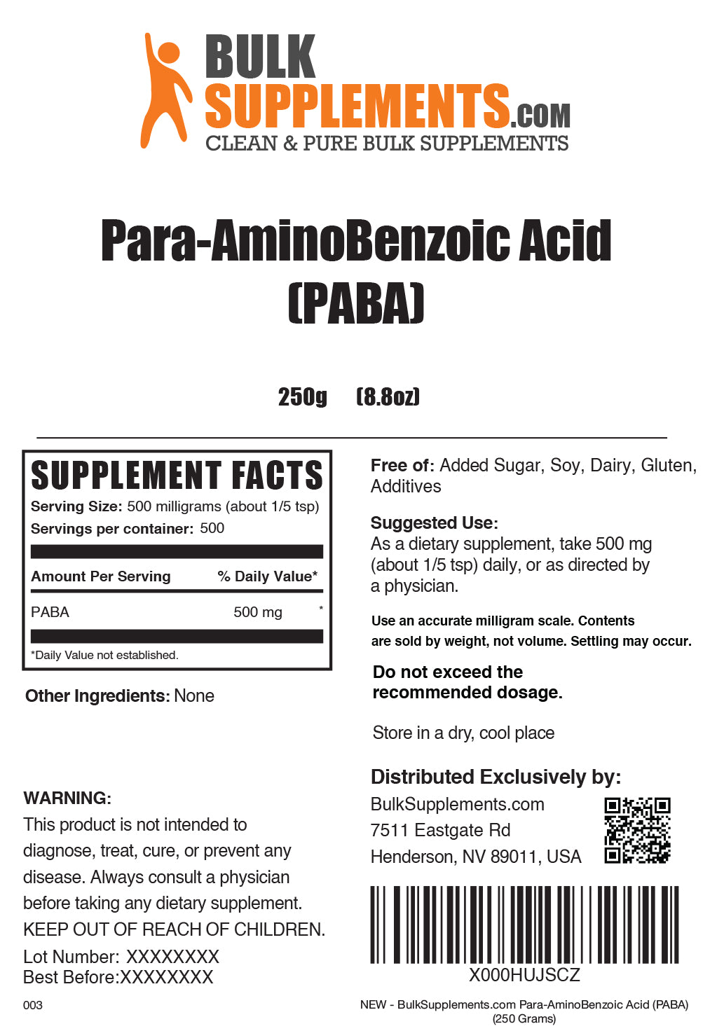 Para-Aminobenzoic Acid (PABA) powder label 250g