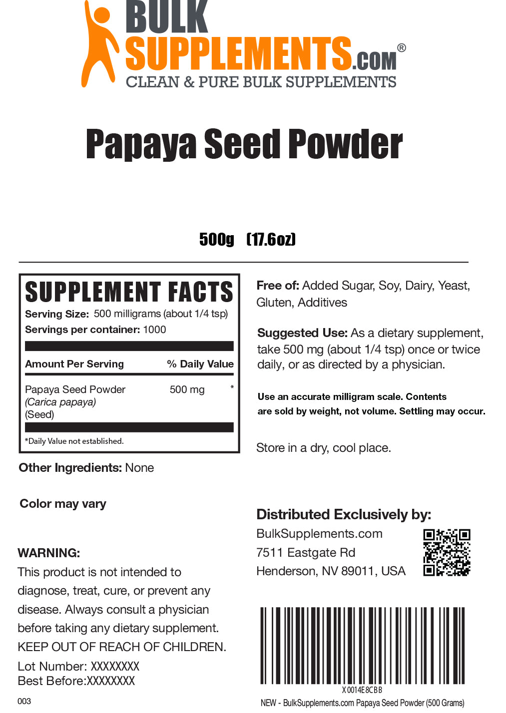 Papaya seed powder label 500g