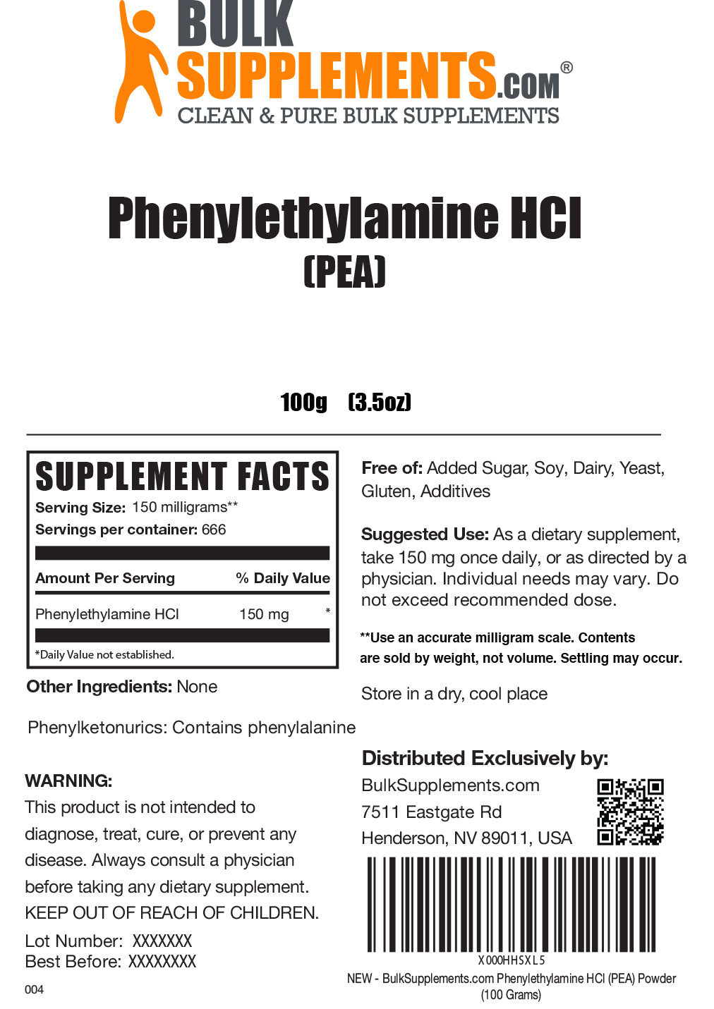 Phenylethylamine HCl (PEA) Powder label 100g