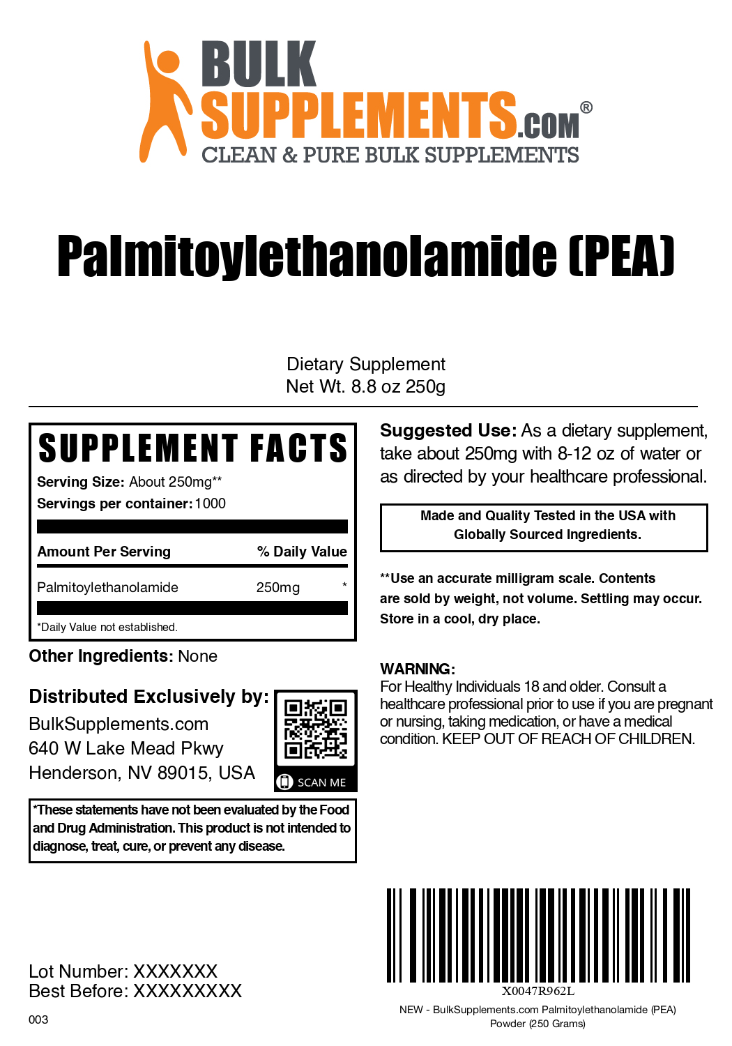 Palmitoylethanolamide (PEA) powder label 250g