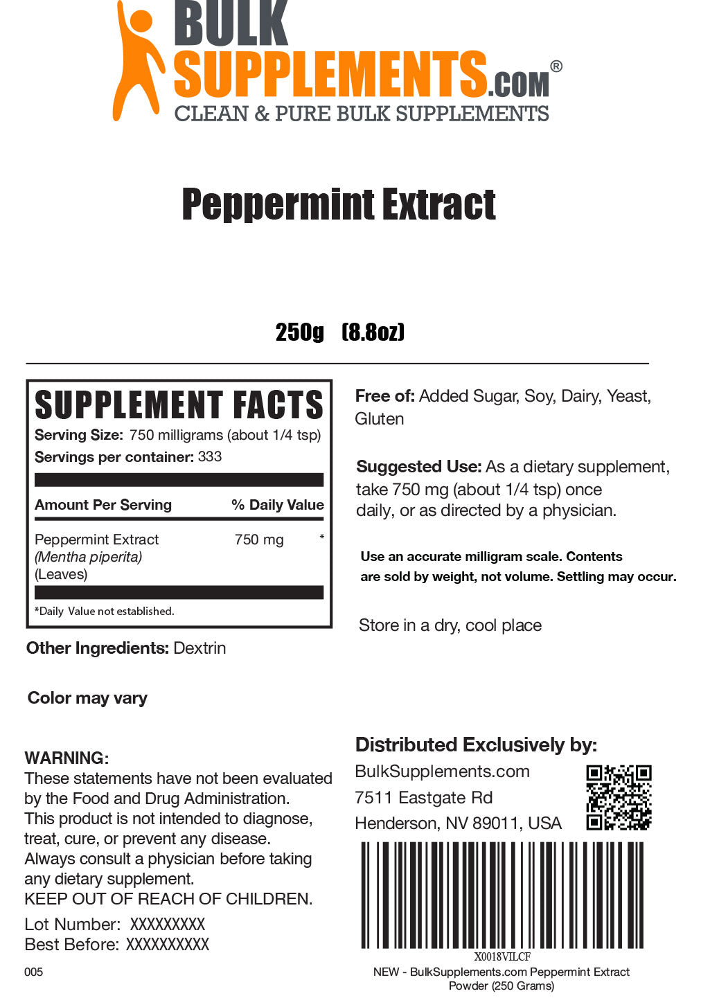 Peppermint Extract powder label 250g