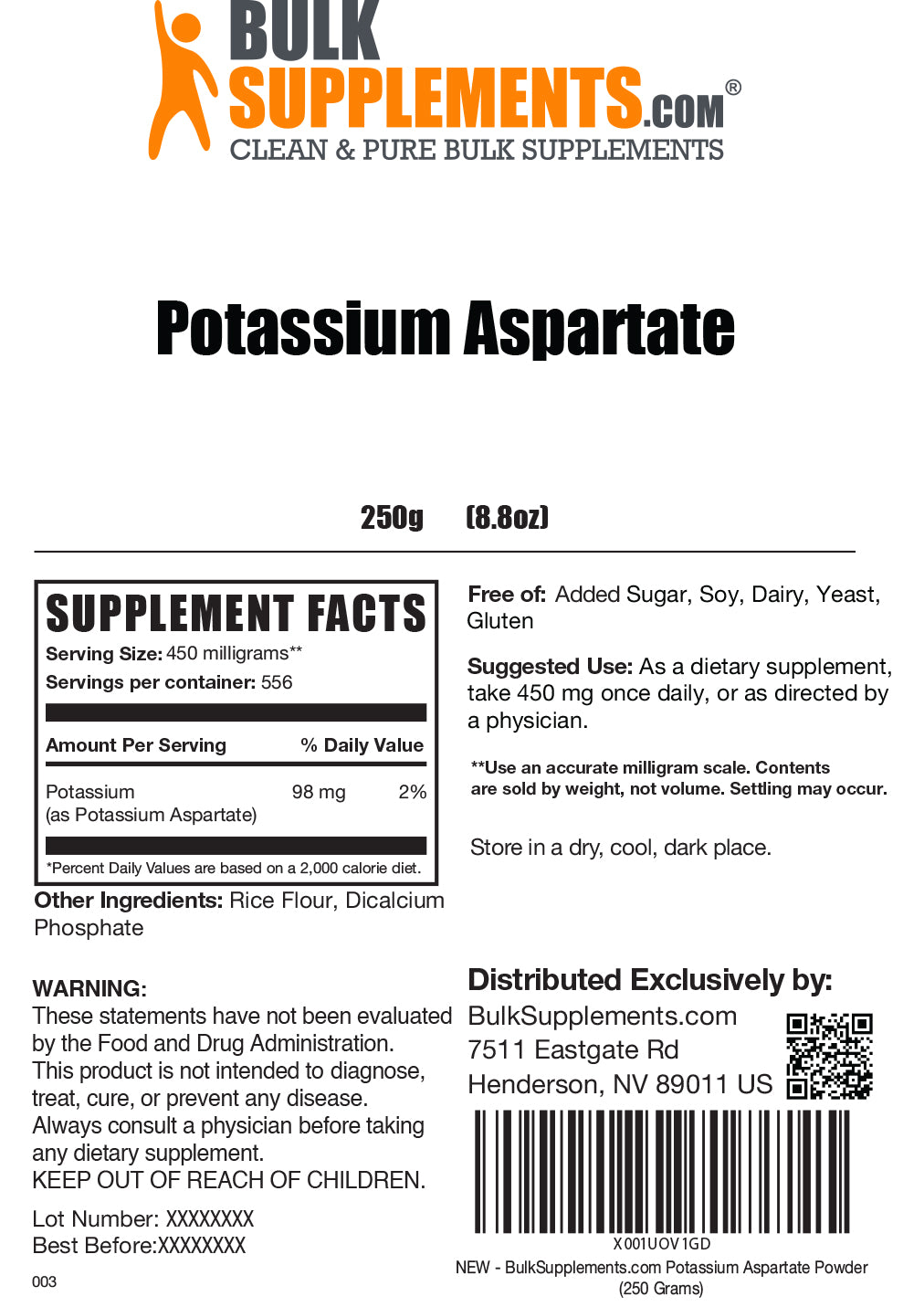 Potassium Aspartate powder label 250g