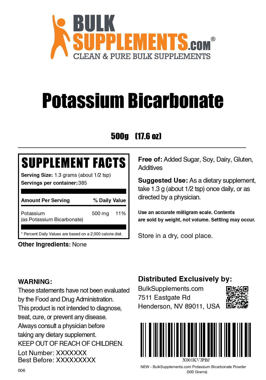 Potassium Bicarbonate powder label 500g