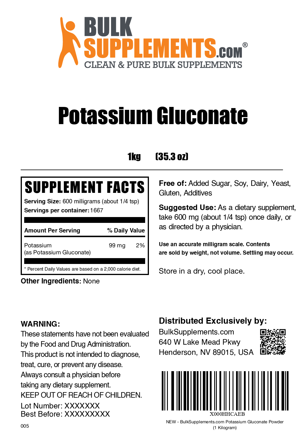 Potassium Gluconate powder label 1kg