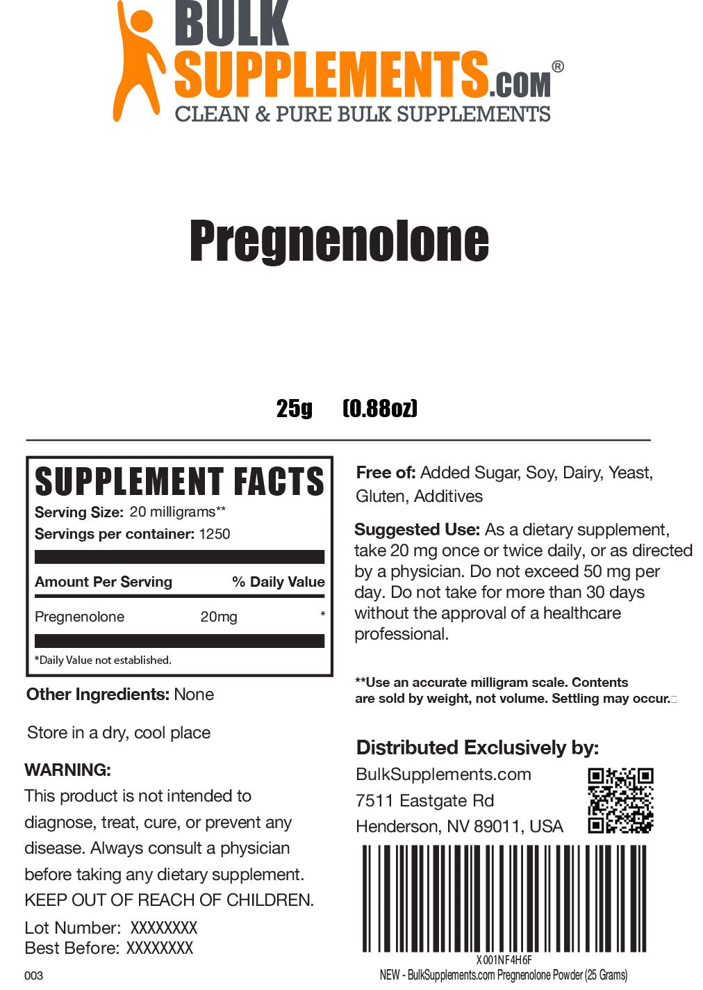 Pregnenolone powder label 25g
