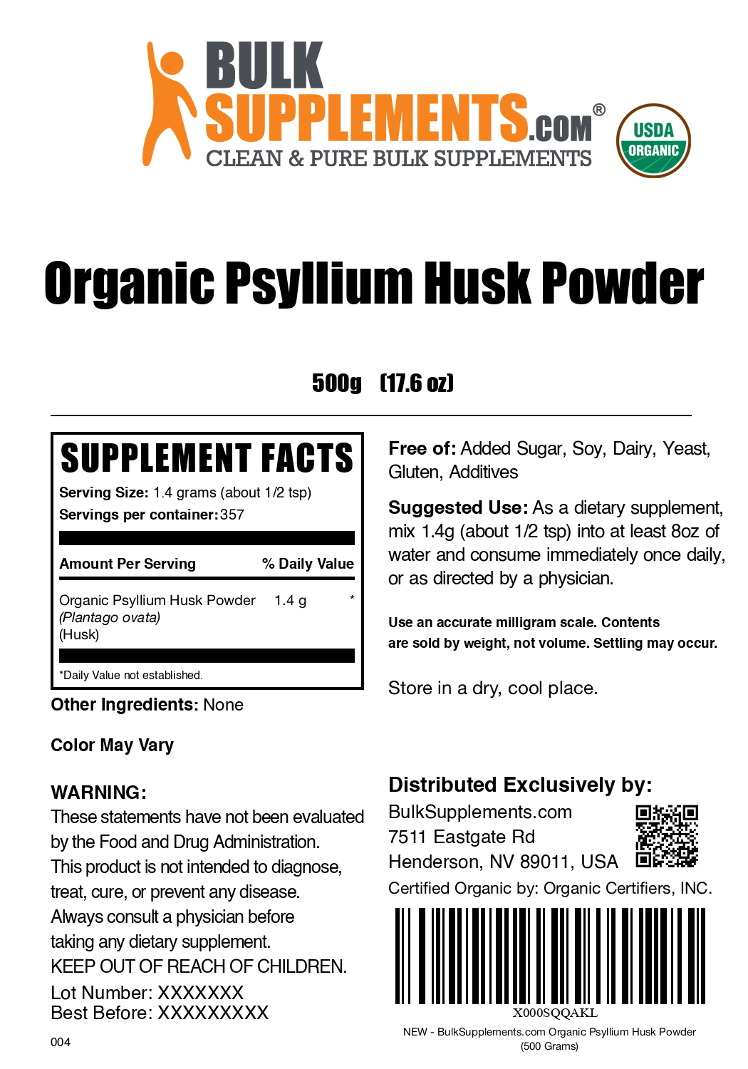 Organic psyllium husk powder label 500g