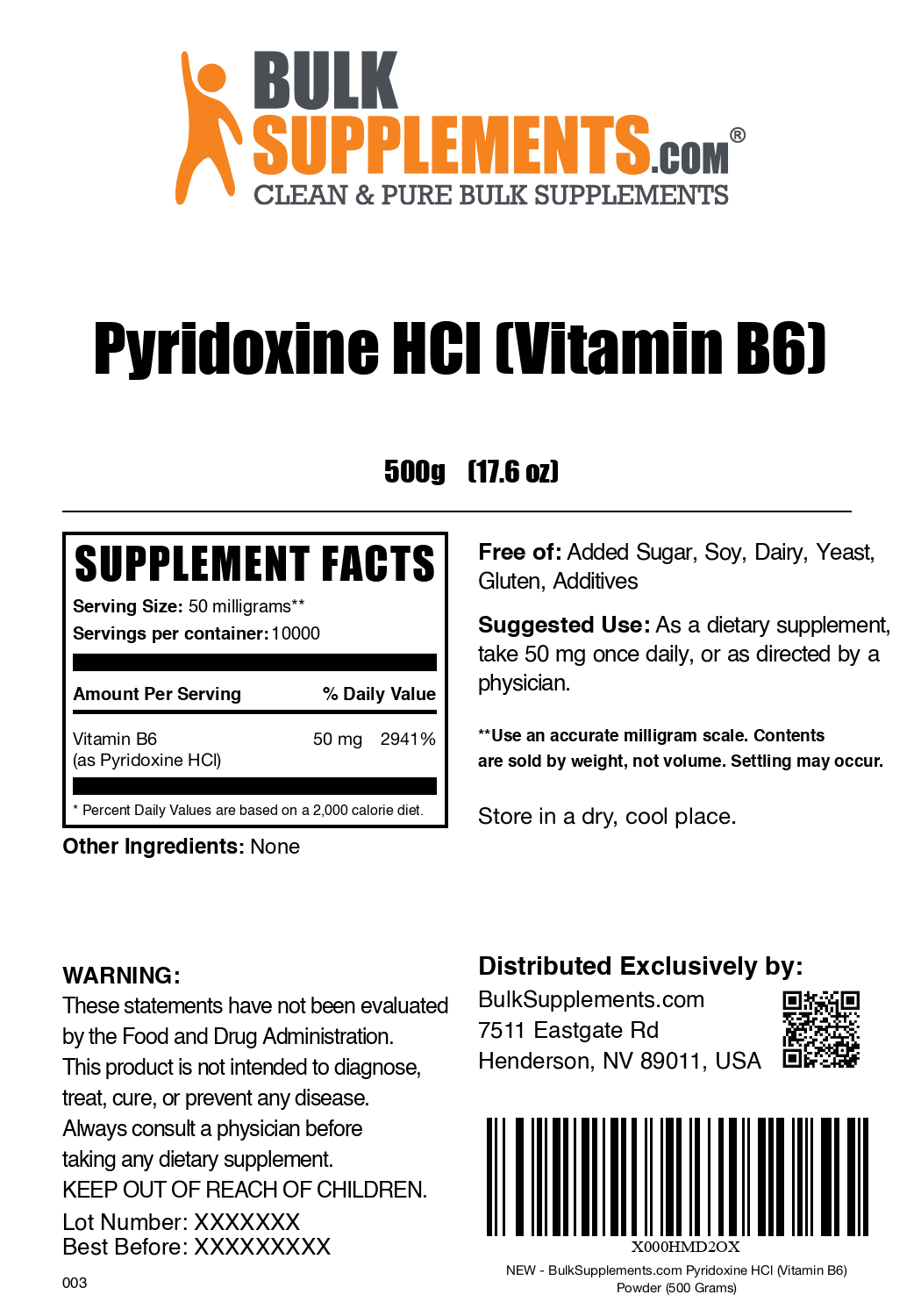 Pyridoxine Hydrochloride (Vitamin B6) 500g powder label