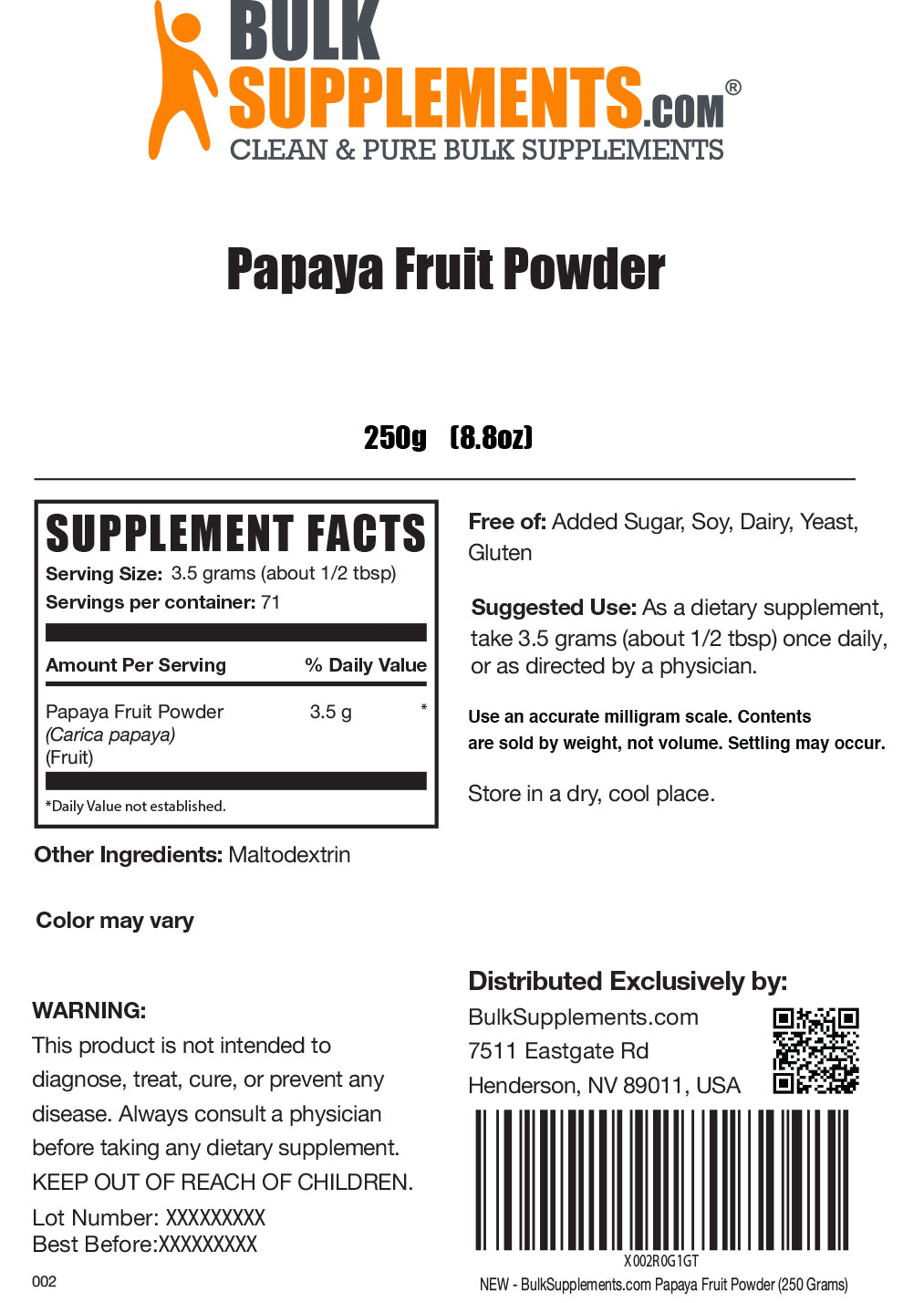 Papaya fruit powder label 250g