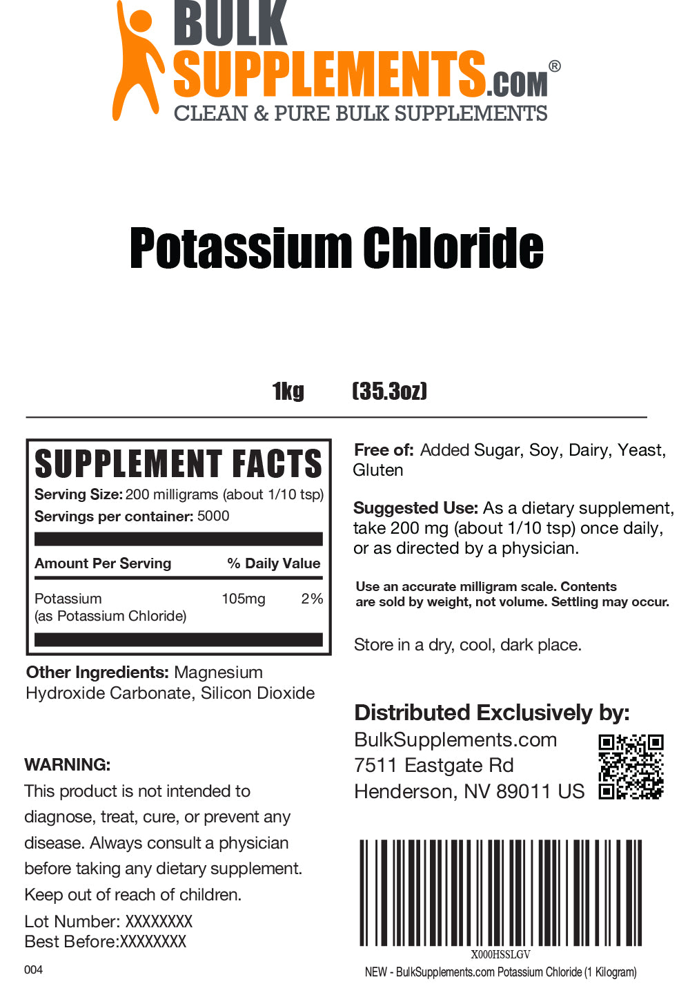 Potassium chloride powder label 1kg