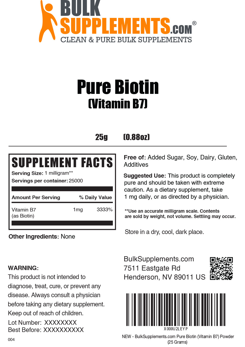 Pure Biotin (Vitamin B7) Powder 25g Label