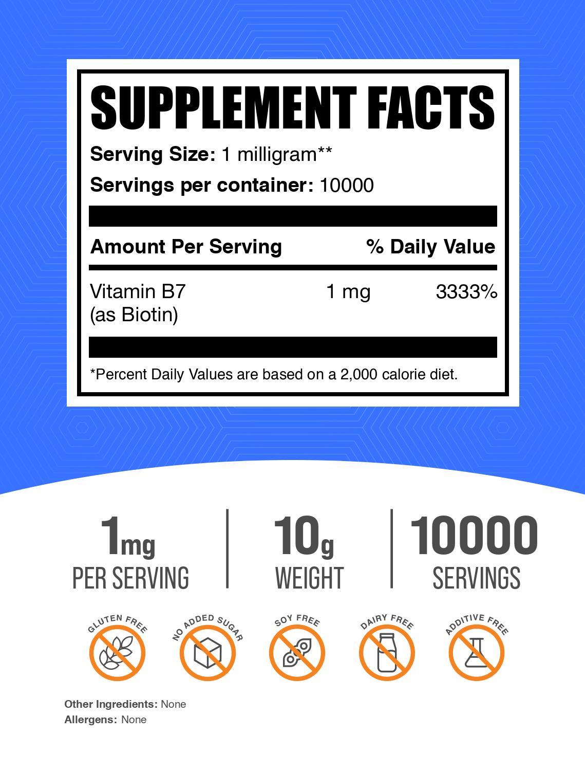 Pure Biotin (Vitamin B7) powder label 10g