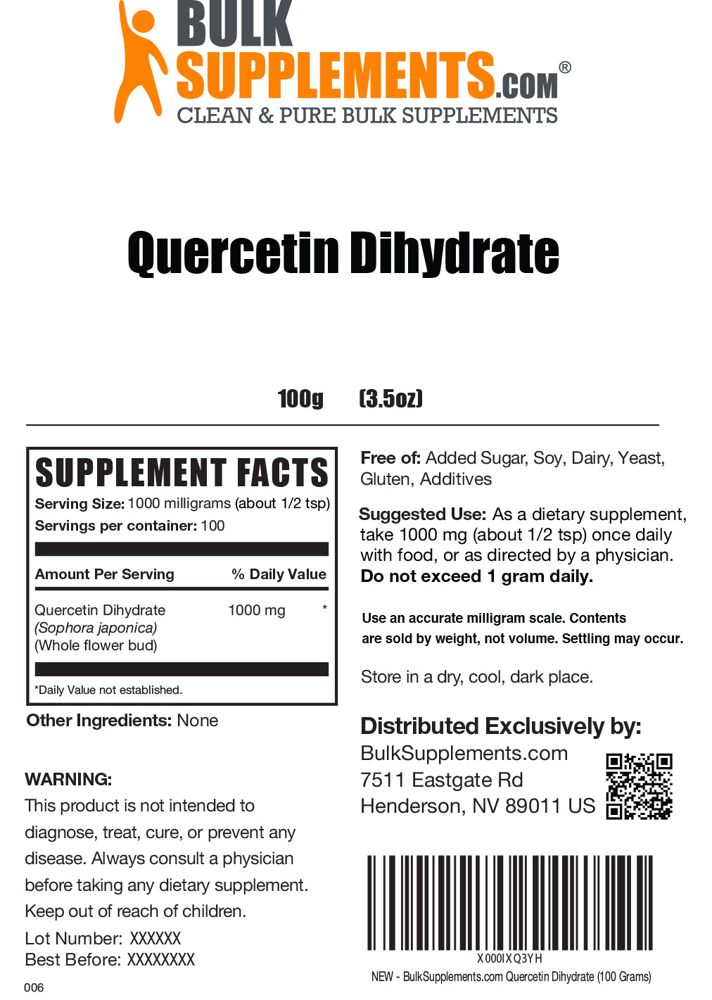 Quercetin Dihydrate Powder label 100g