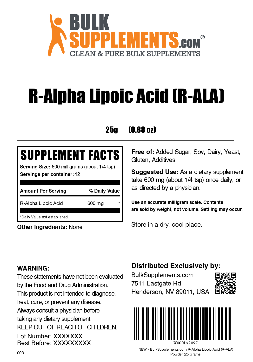 R-Alpha Lipoic Acid powder label 25g