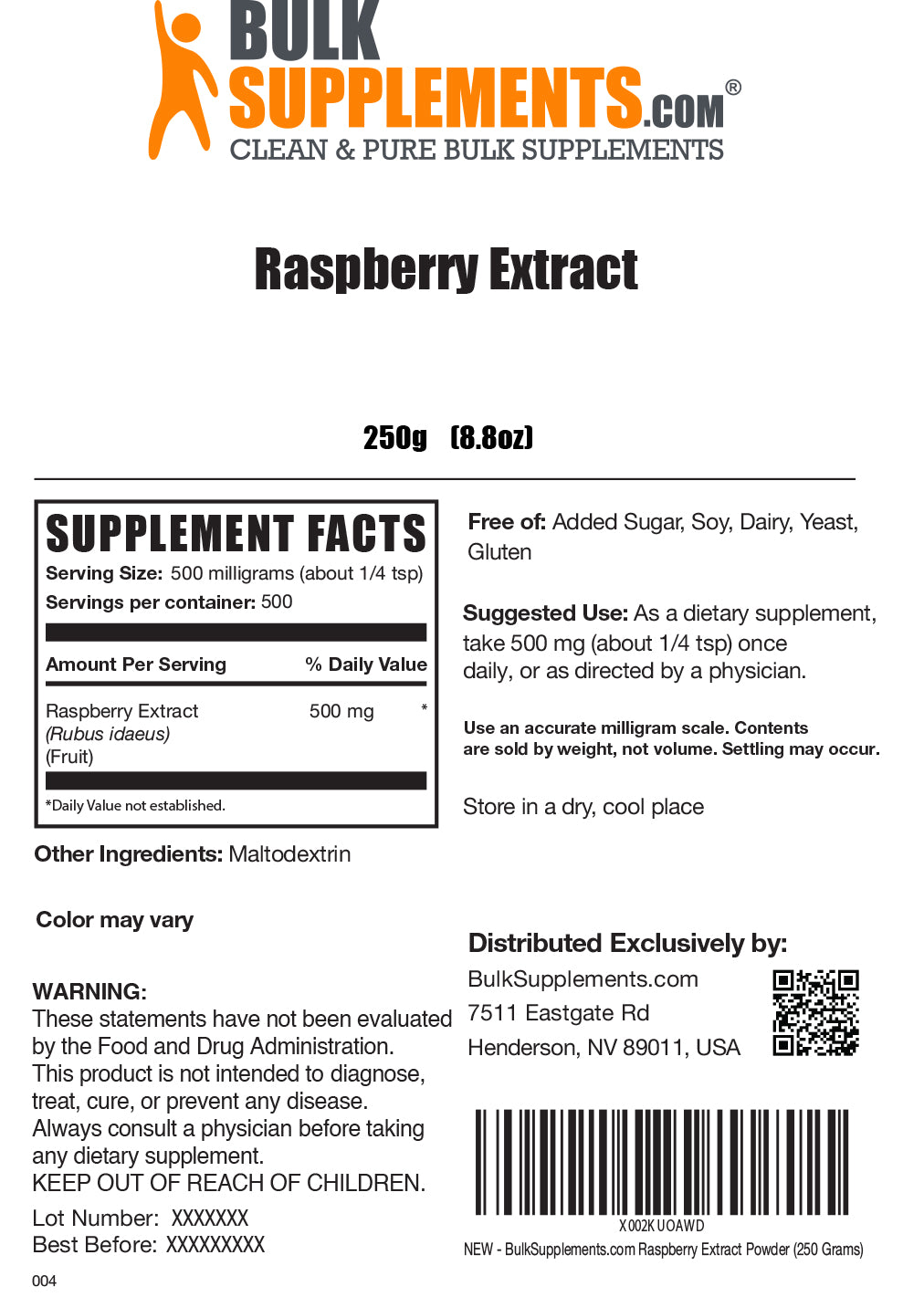 Raspberry extract powder label 250g