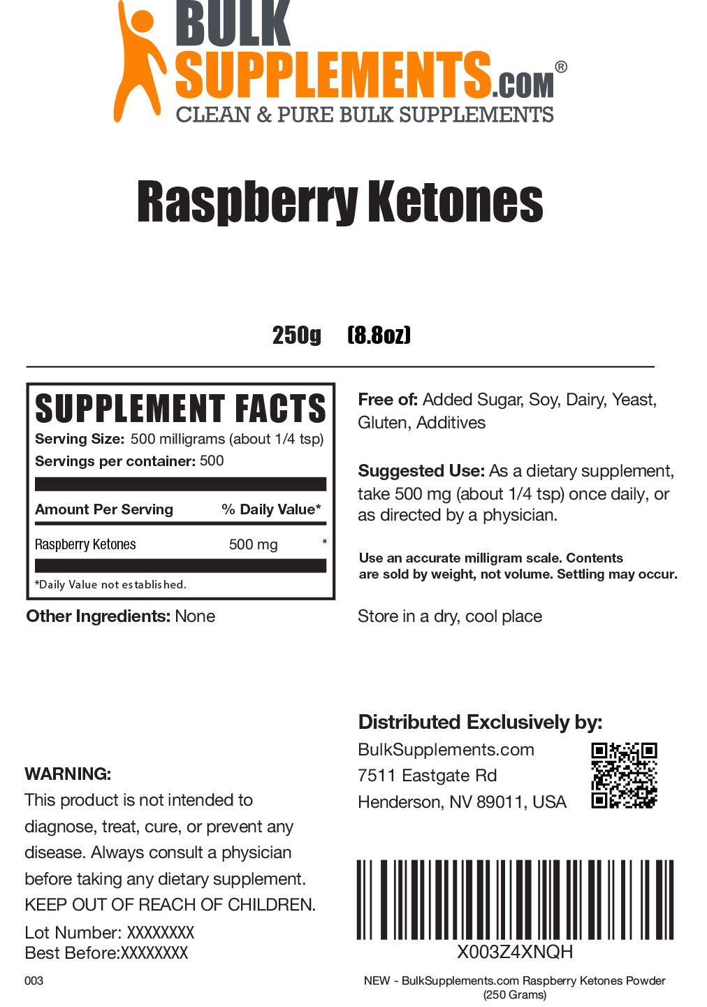 Raspberry Ketones powder label 250g