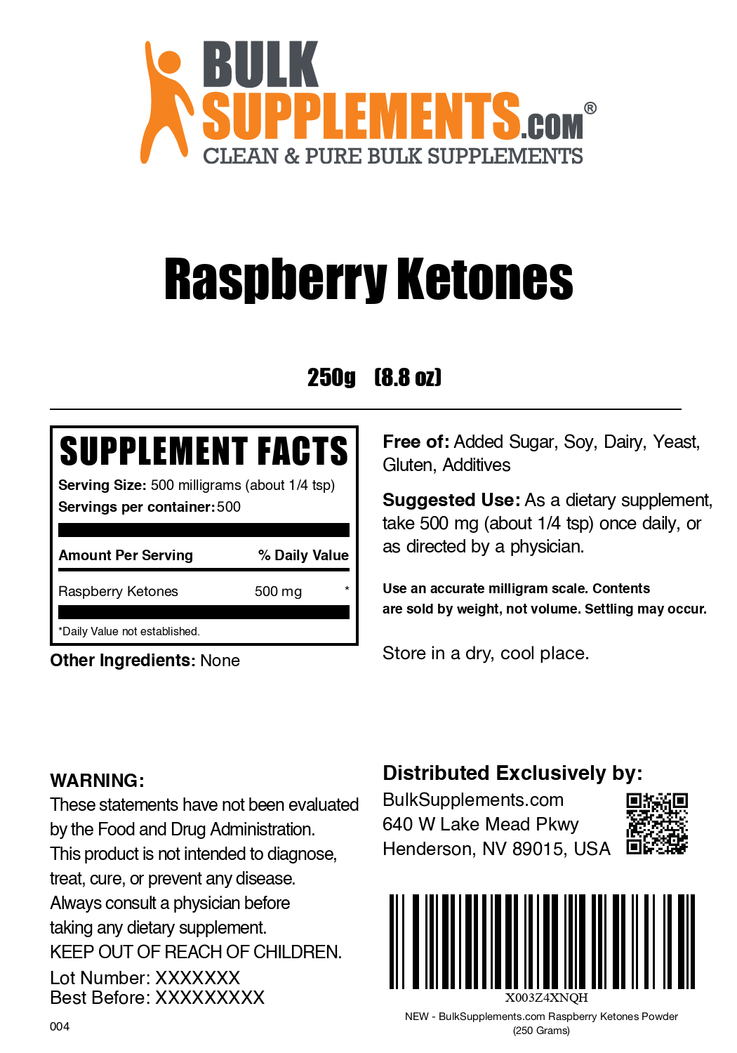 Raspberry Ketones powder label 250g