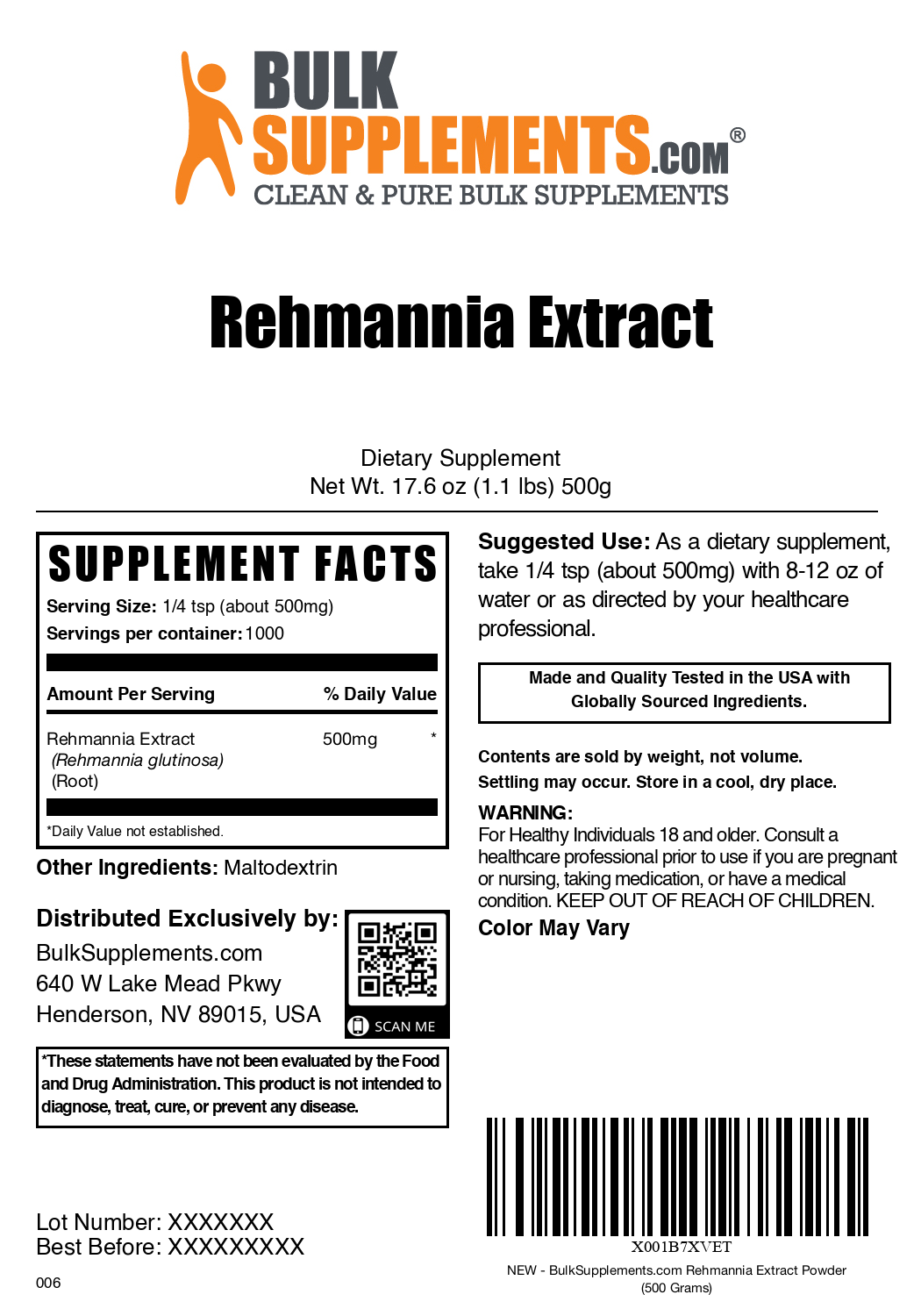 Rehmannia Root extract powder label 500g