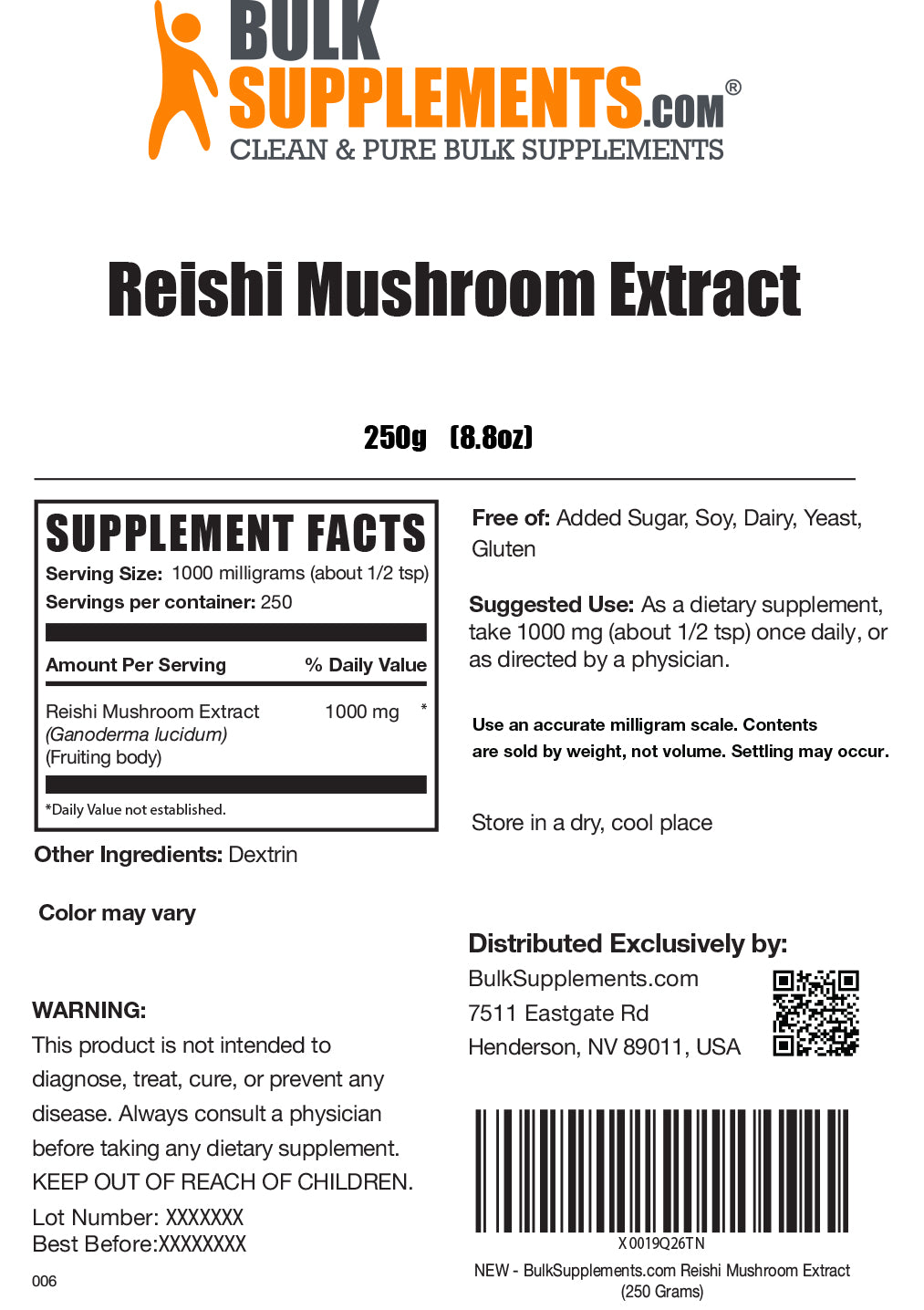 Reishi mushroom extract powder label 250g