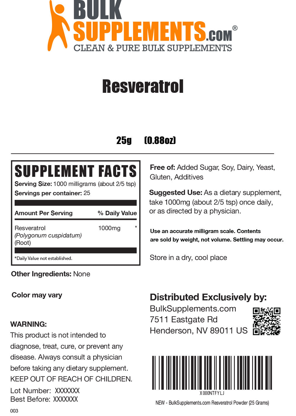 Resveratrol powder label 25g