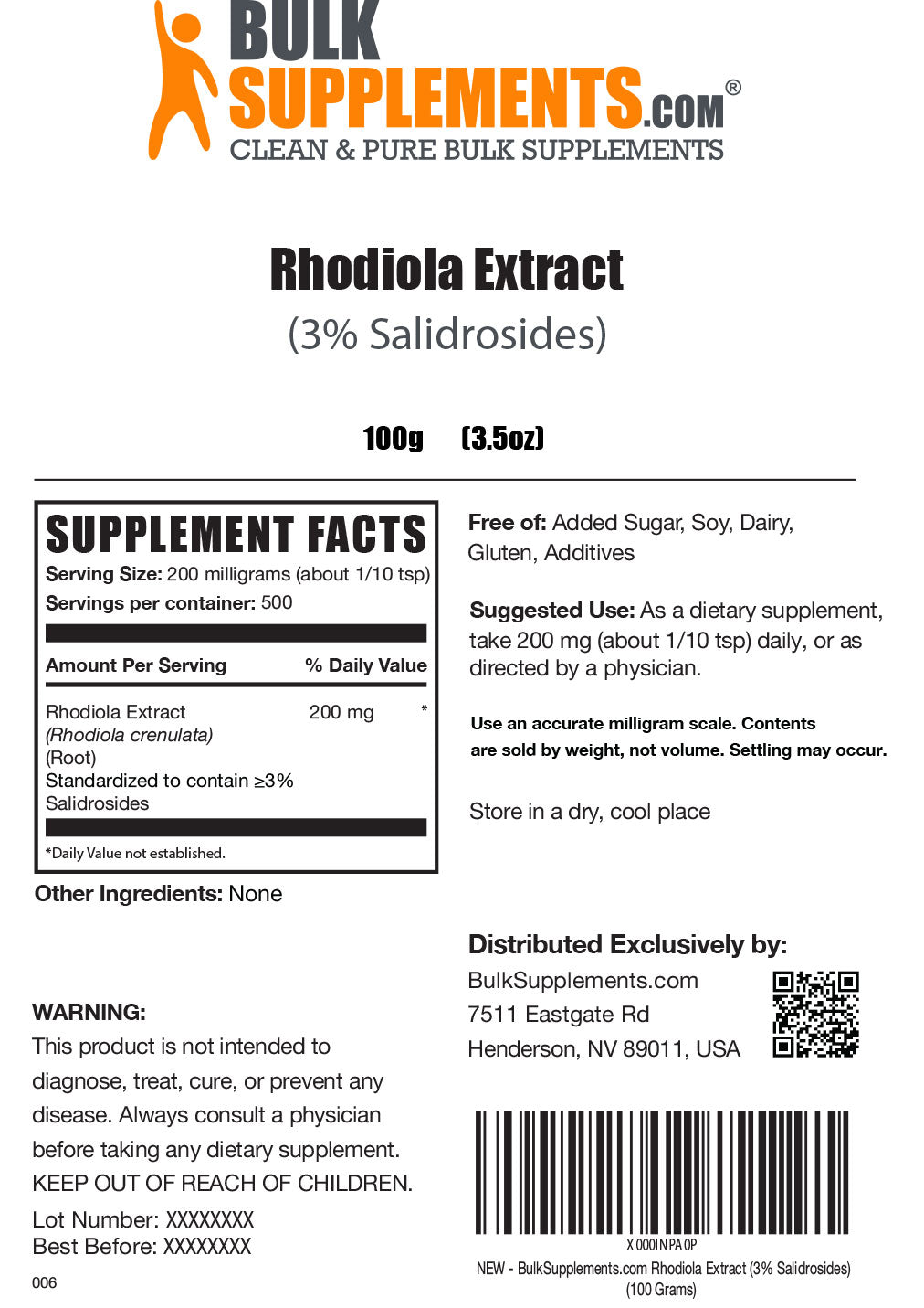 Rhodiola Extract (3% Salidroside) Powder 250g Label