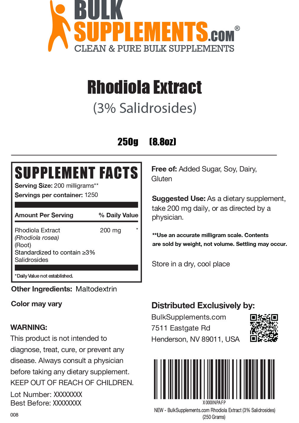 Rhodiola Extract (3% Salidroside) Powder label 250g