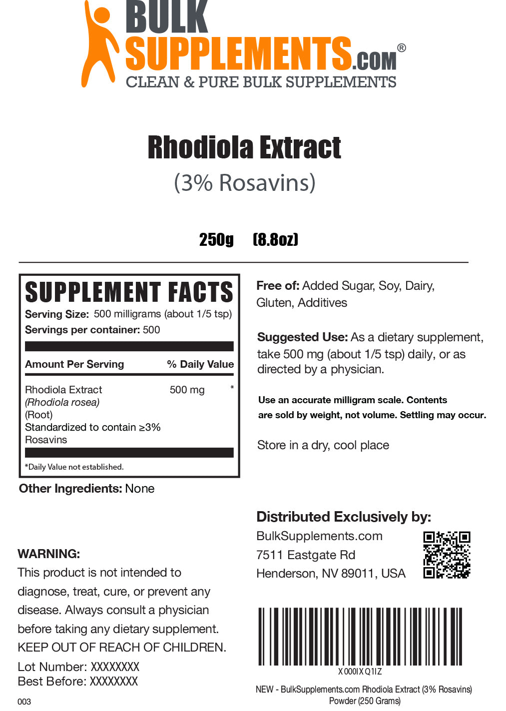 Rhodiola Extract (3% Rosavin) Powder 250g Label