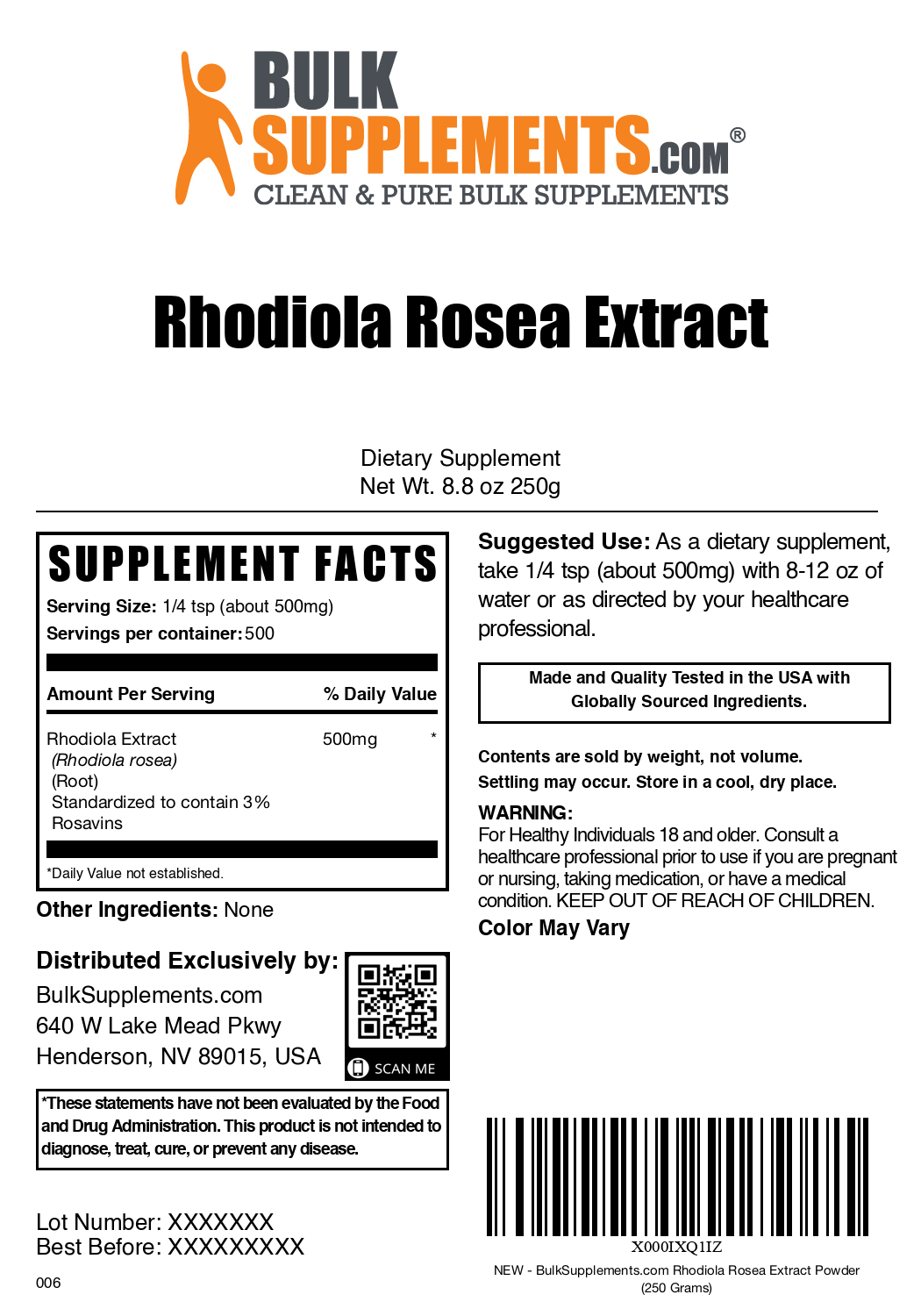 Rhodiola Extract (3% Rosavin) powder label 250g